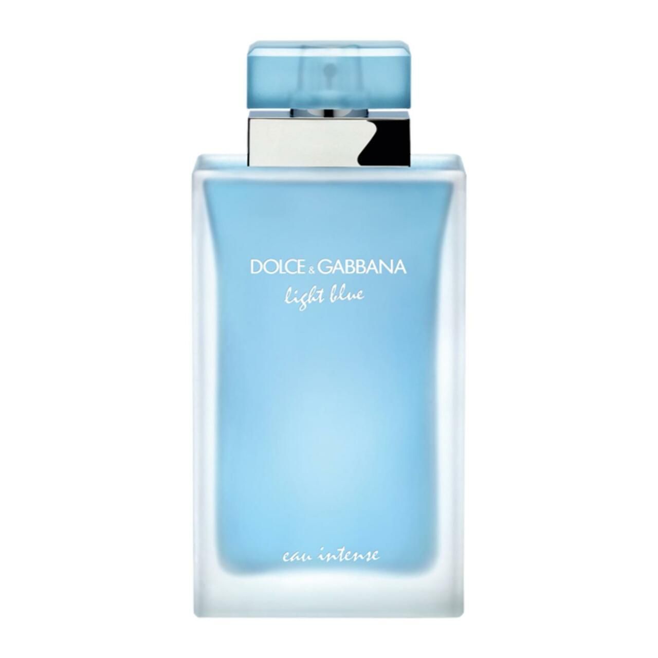 Hellblaues Parfümflakon mit silbernem Verschluss. Aufschrift: Dolce & Gabbana Light Blue Eau Intense.