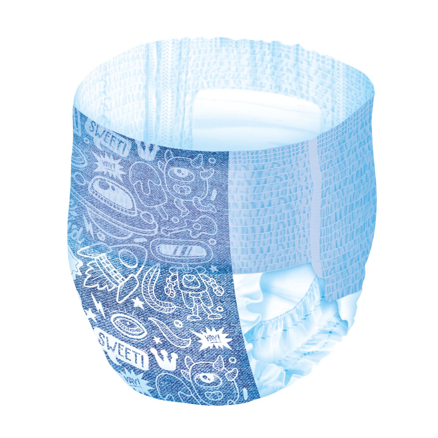 Hellblaue Babylino Safe Nights Jungen-Pants. Mit Comic-Motiven bedruckt. Elastische Beinbündchen.
