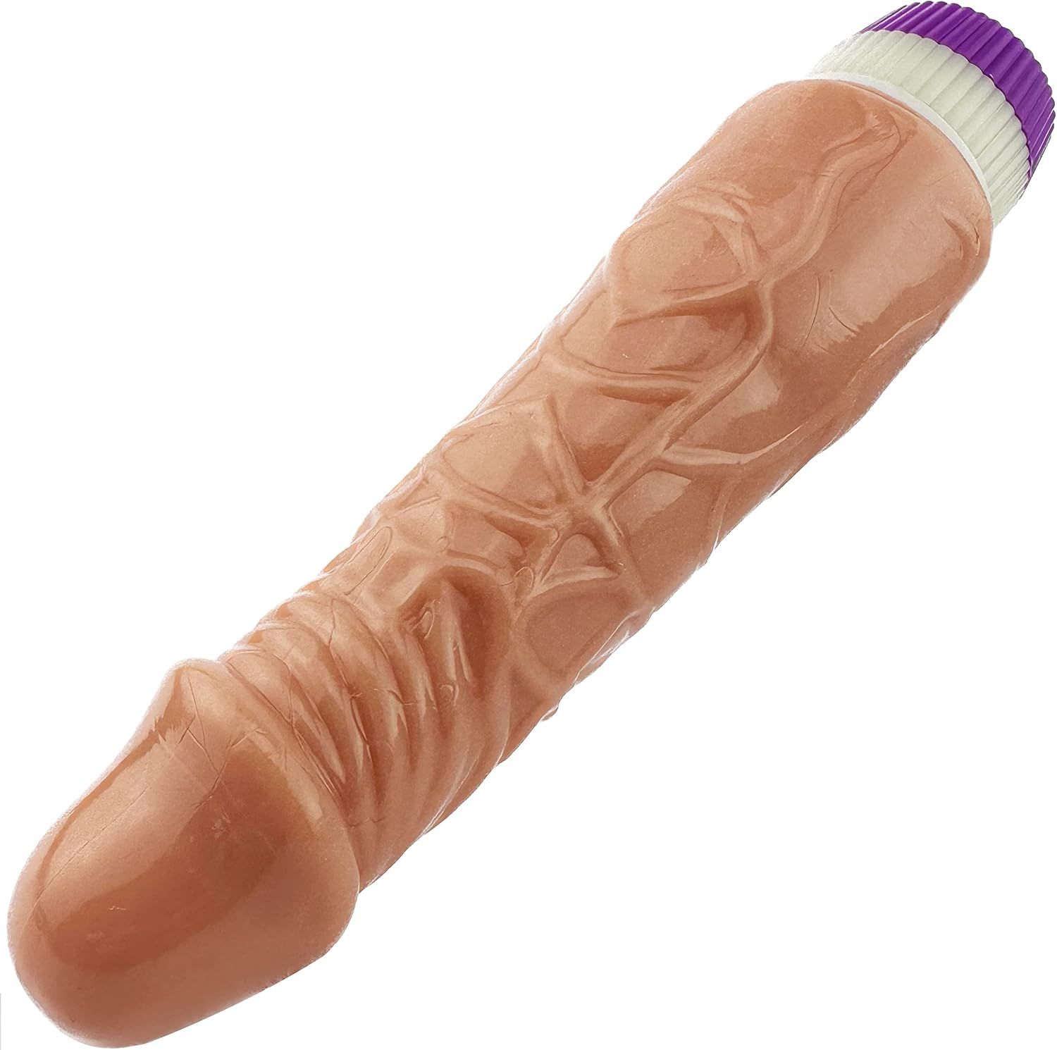 Beigefarbener Dildo mit realistischer Textur. Lila-weißes Ende. Detailreiche Oberfläche.