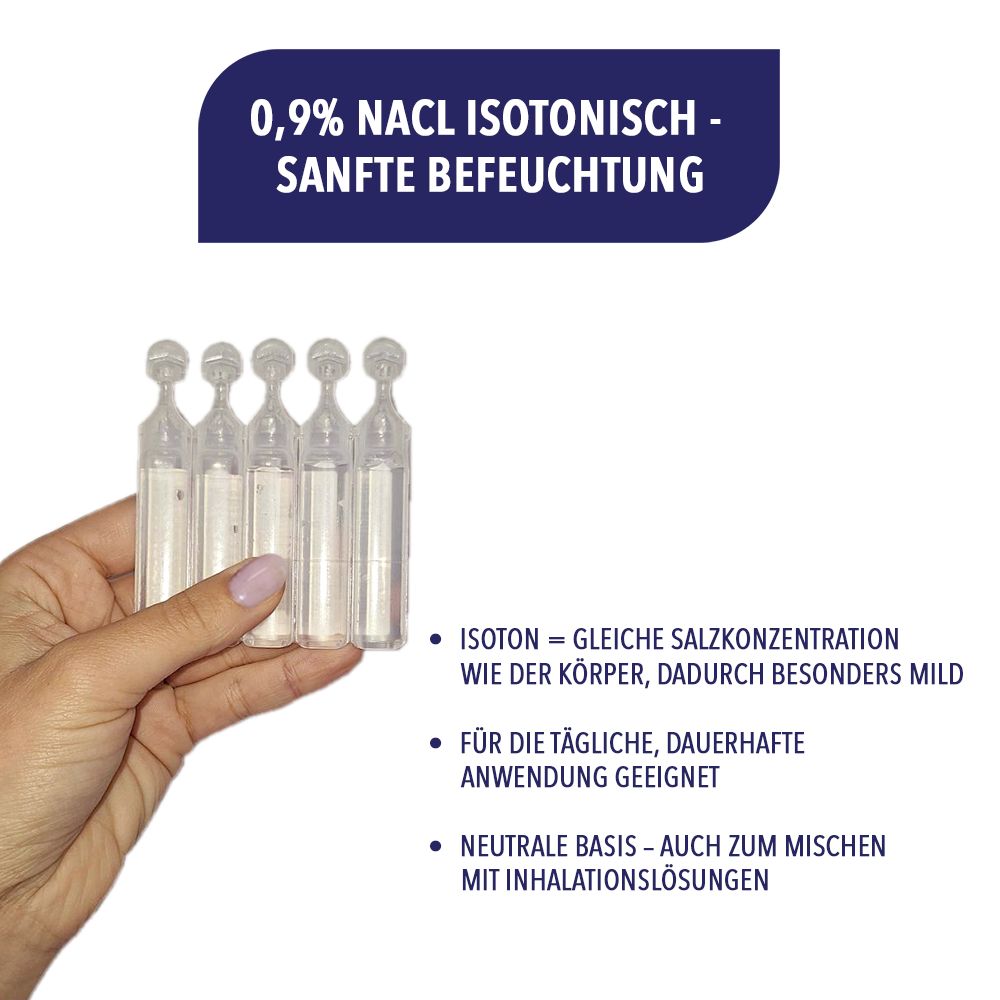 Fünf Ampullen Kochsalzlösung 0,9% NaCl in einer Hand. Isotonisch, mild, für tägliche Anwendung.