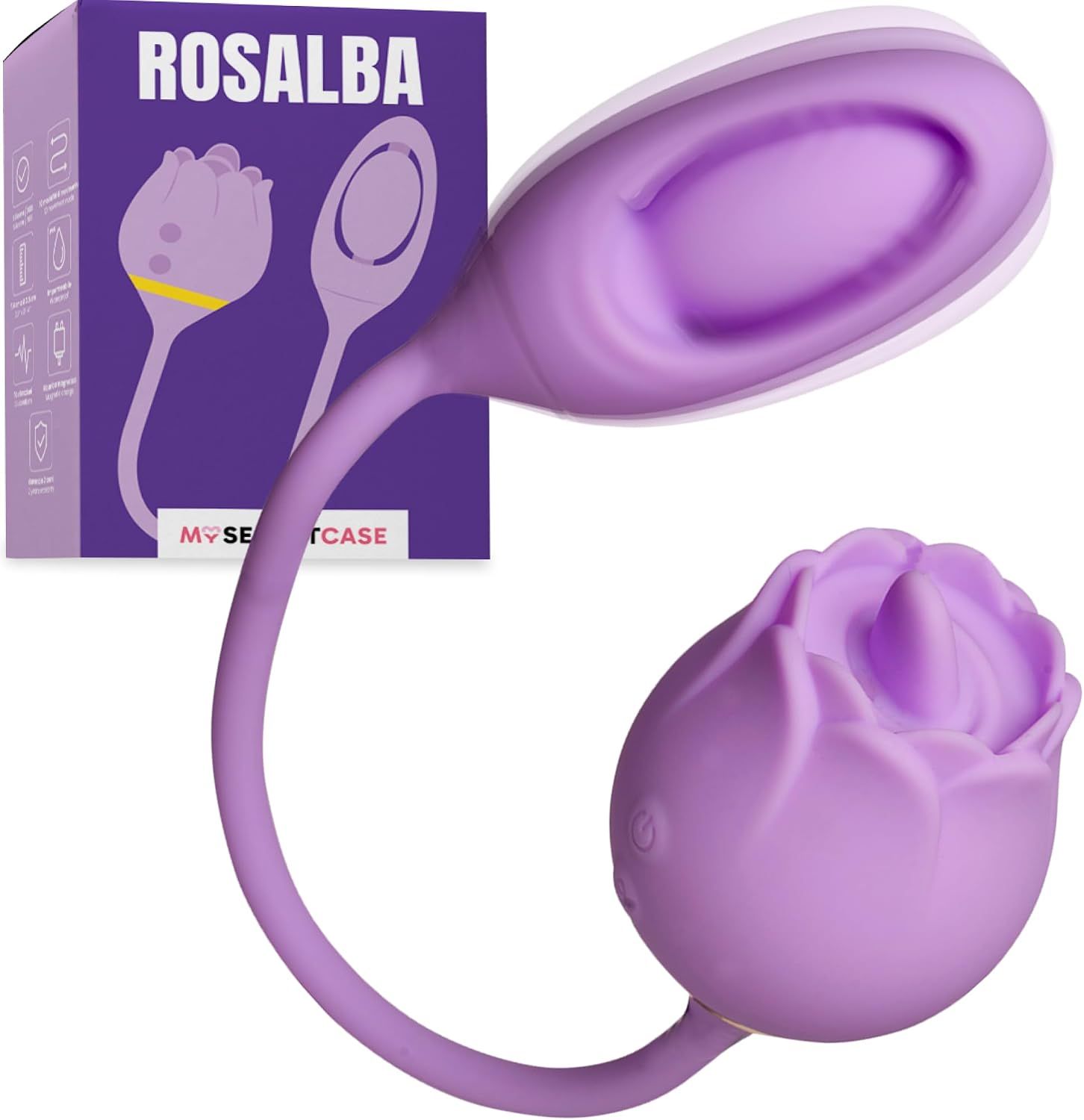 Lila Vibrator in Rosenform mit Ladeanschluss und Verpackung.