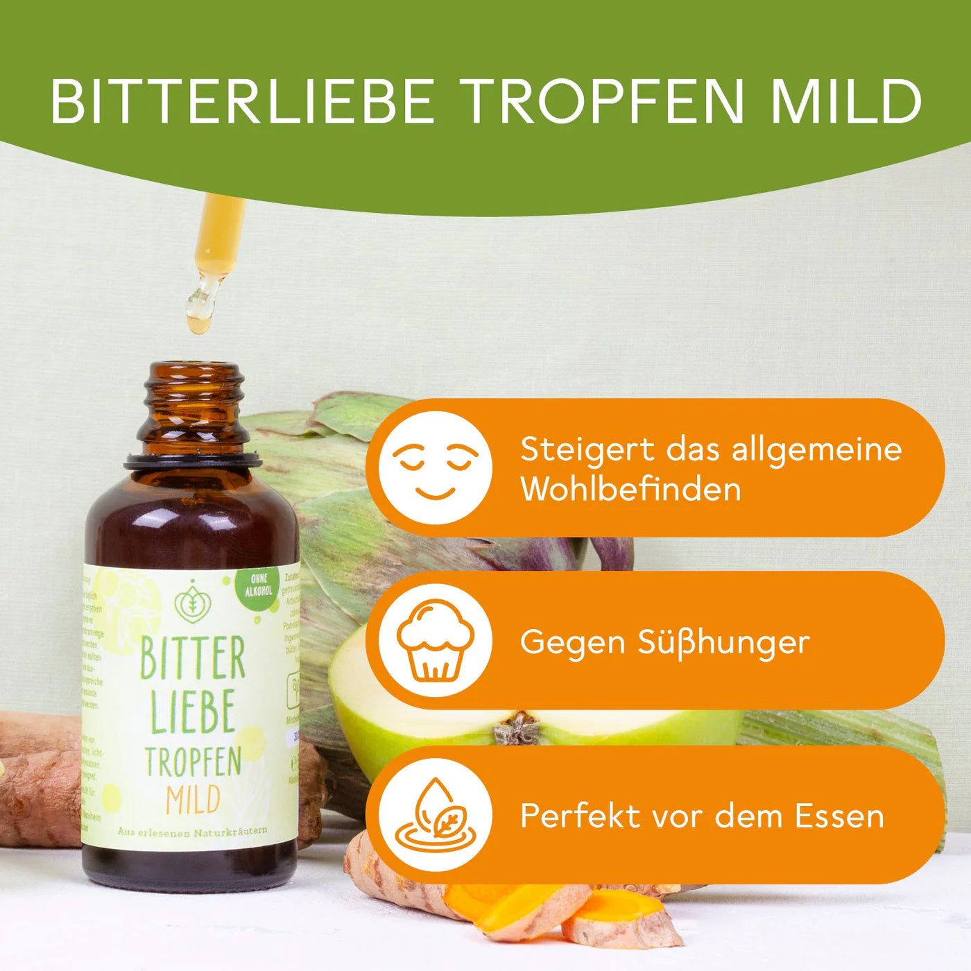 Eine Flasche BitterLiebe Tropfen mild mit Tropfer. Daneben Grafiken: Wohlbefinden, gegen Süßhunger, vor dem Essen.