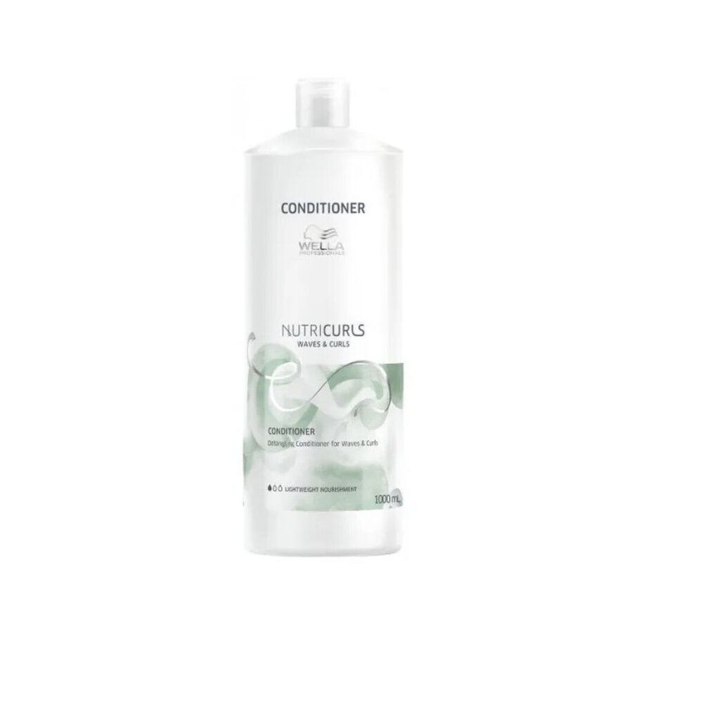 Wella Nutricurls Conditioner. Weiße Flasche mit grünem Design. Aufschrift: Conditioner, Nutricurls, Waves & Curls, 1000ml.