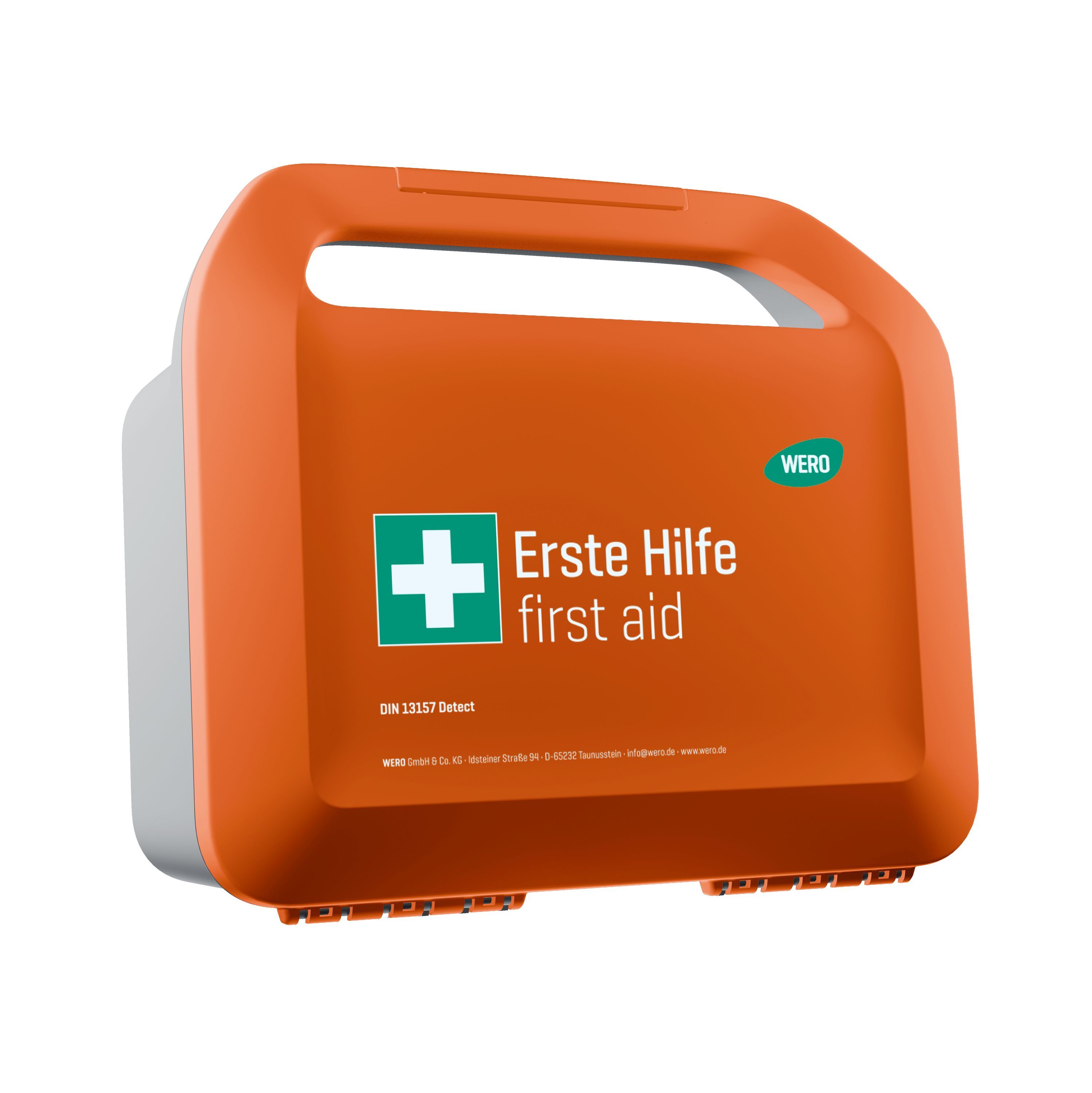 Orange Erste-Hilfe-Koffer mit Griff. Grünes Kreuz-Symbol und Schriftzug 'Erste Hilfe/first aid'. WERO-Logo. Graue Seiten.
