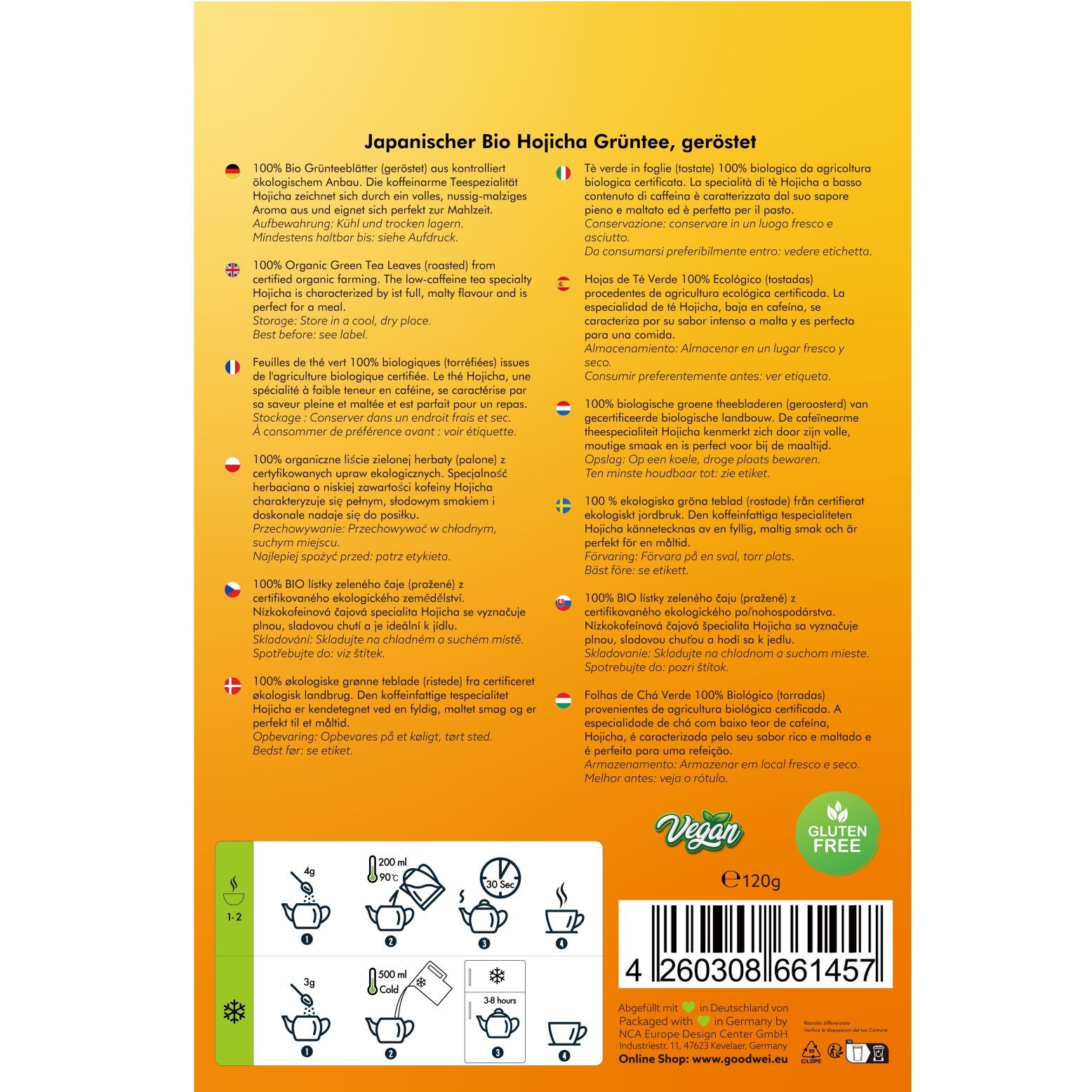 Rückseite der Goodwei Bio Hojicha Verpackung. Text in mehreren Sprachen, darunter Deutsch, Italienisch, Niederländisch und Französisch. Vegan-Siegel.