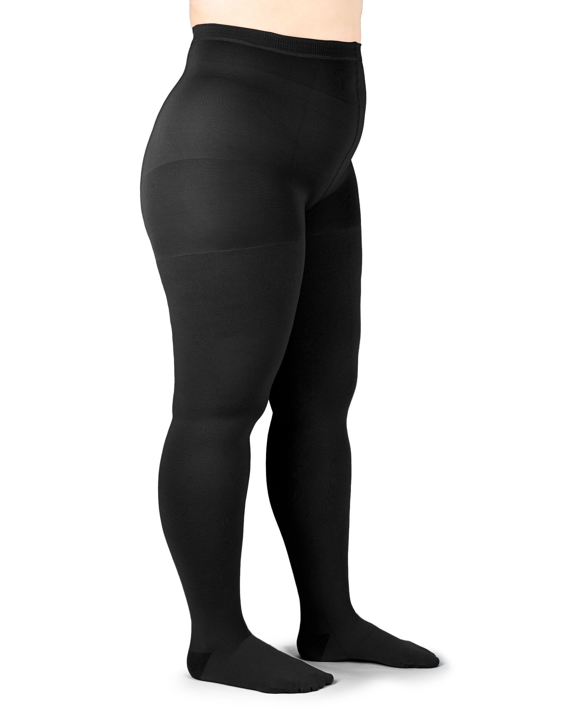 Schwarze Kompressionsstrumpfhose. Seitliche Ansicht einer Person. Sichtbare Merkmale: Material, Form.