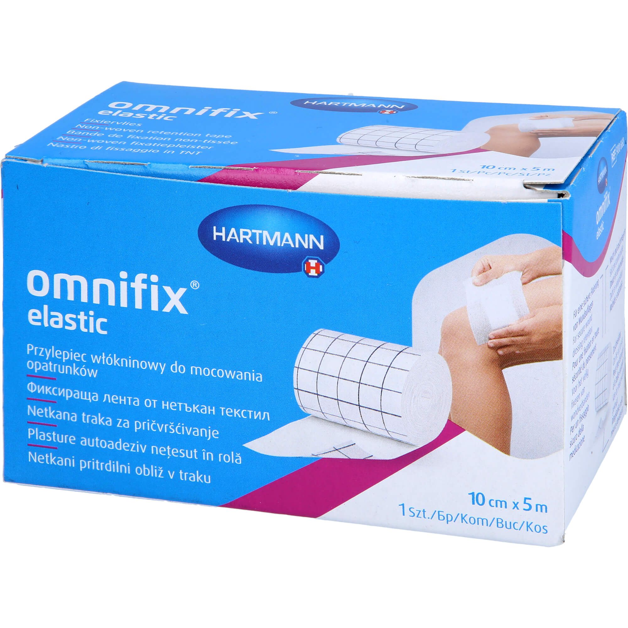Omnifix Elastic Verbandrolle, 10cm x 5m, auf einer blauen Verpackung mit Produktabbildung.