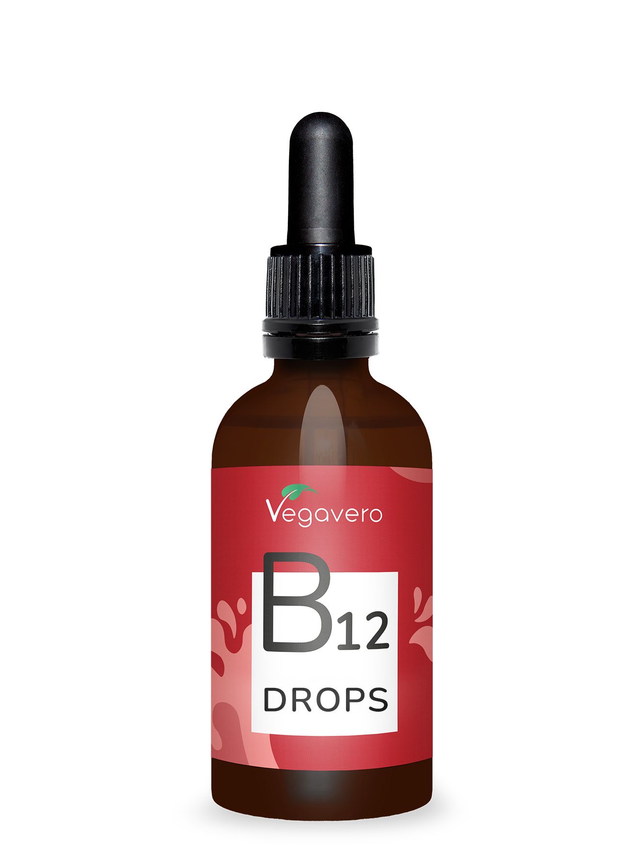Braune Glasflasche mit schwarzem Tropfer. Rotes Etikett mit Vegavaro Logo und B12 Drops Schriftzug.