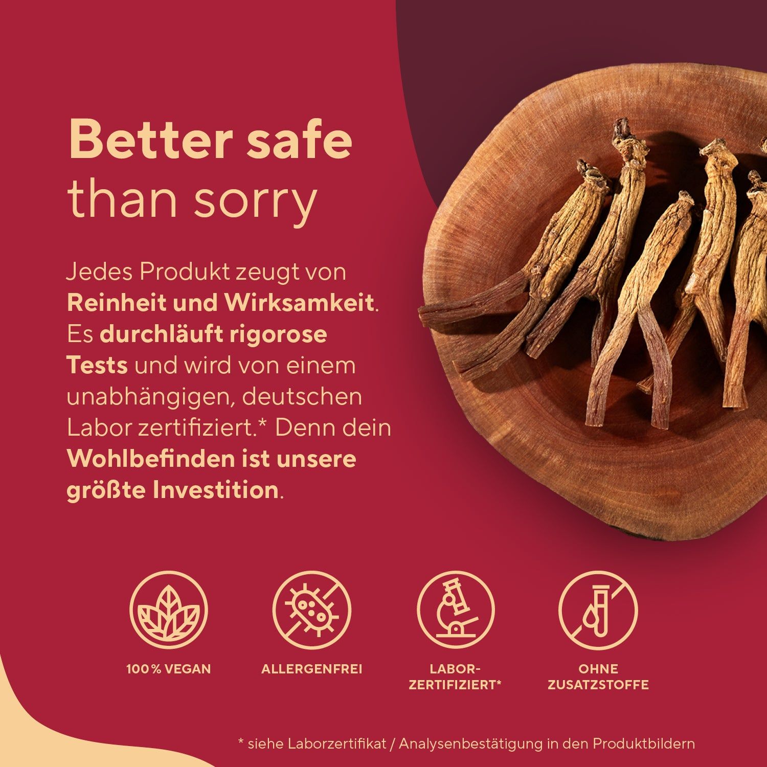 Holzschale mit Ginsengwurzeln. Text: 100% Vegan, Allergenfrei, Labor-Zertifiziert, Ohne Zusatzstoffe.