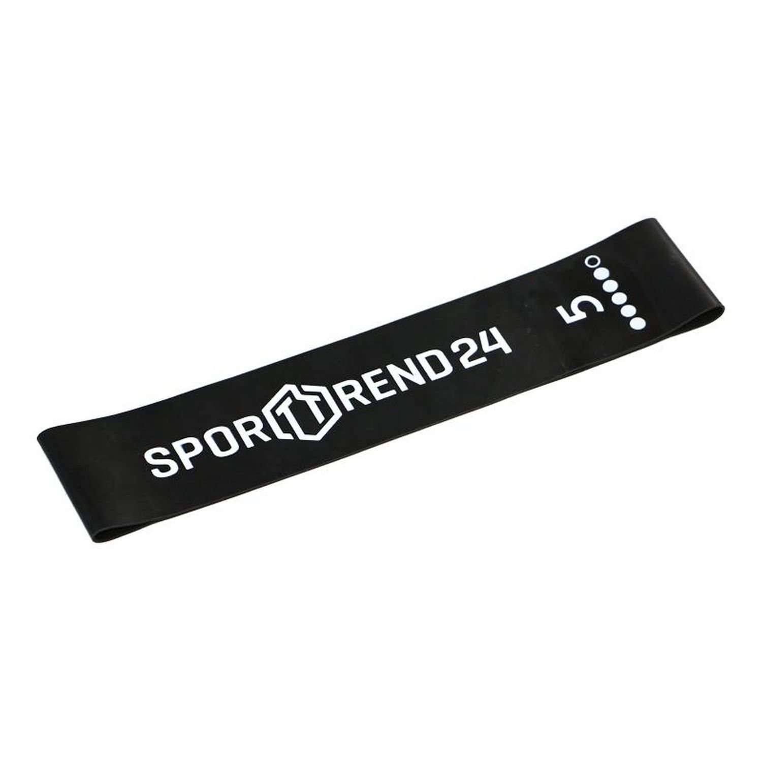 Schwarzes Mini-Band mit weißem Schriftzug Sporttrend24 und Zahl 5. Sechs weiße Punkte. Fitness-Band.