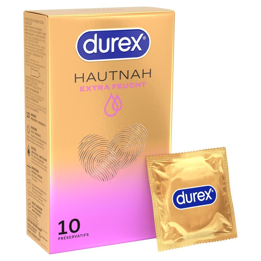 Durex Hautnah Extra Feucht Kondompackung mit einzeln verpacktem Kondom. Goldfarben.
