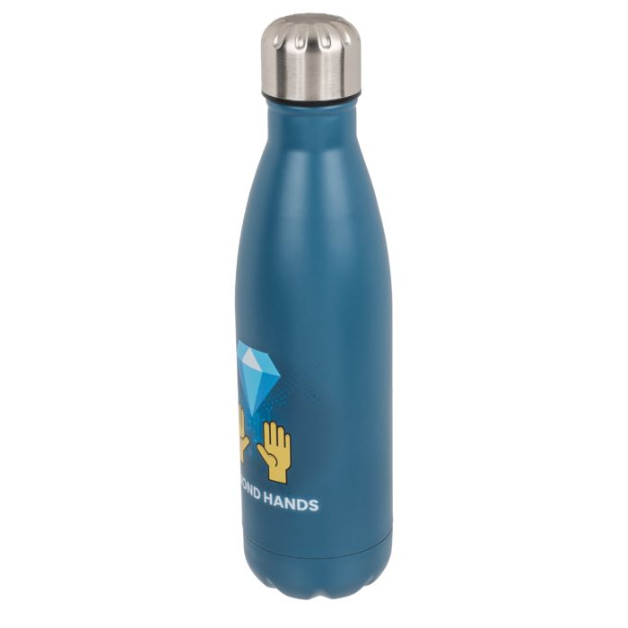 Blaue Trinkflasche mit silbernem Deckel. Aufdruck: Diamant und Hände mit Schriftzug "Diamond Hands".