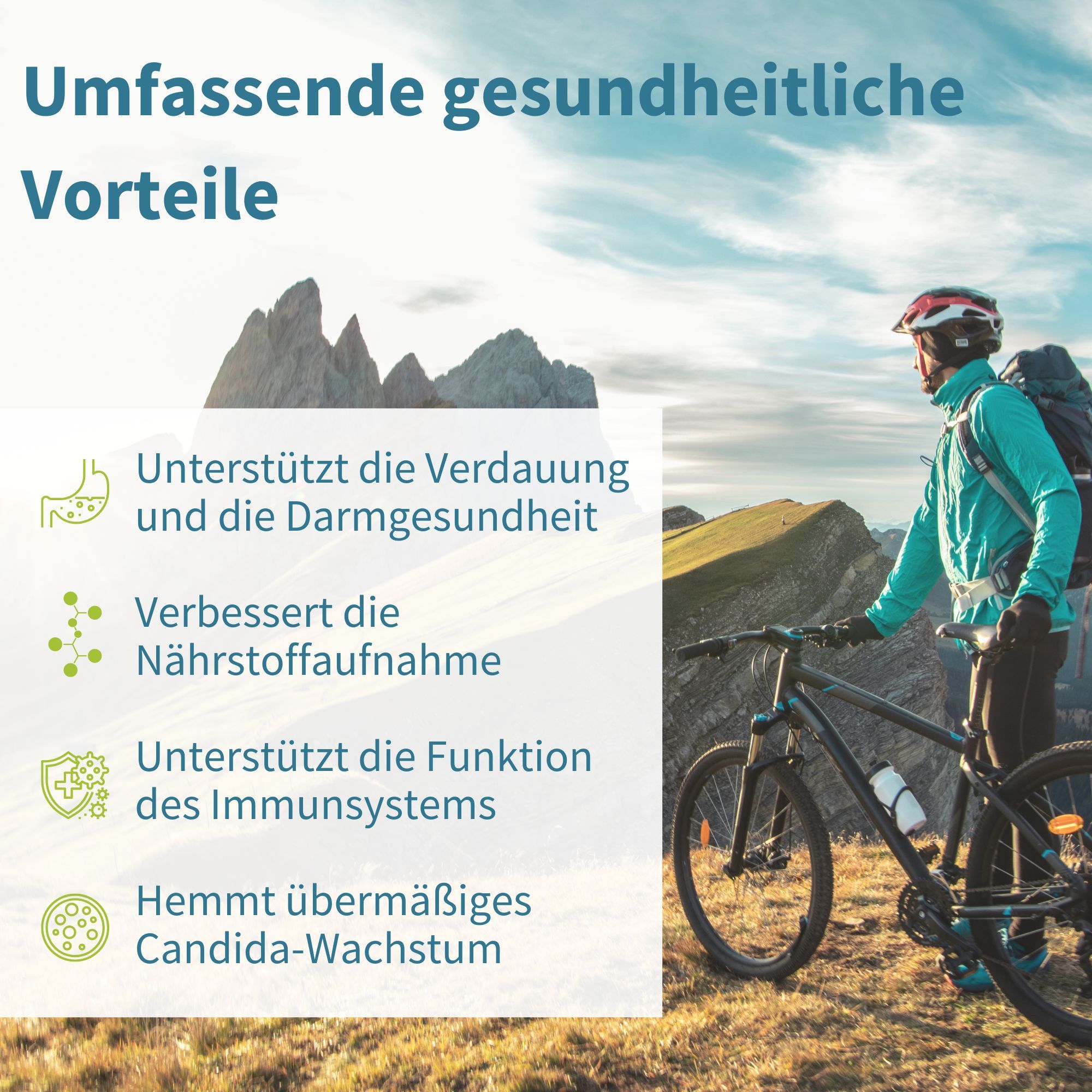 Umfassende gesundheitliche Vorteile: Unterstützt Verdauung, Nährstoffaufnahme und Immunsystem. Mann auf Fahrrad.