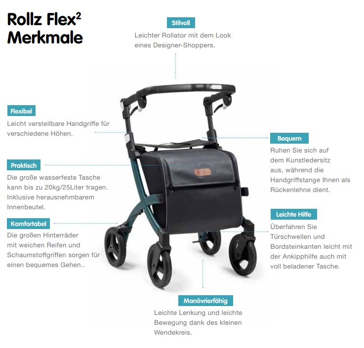 Rollz Flex 2.0 Rollator mit Text, blau-schwarzes Design, vier Räder.