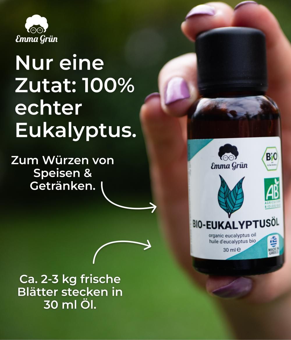 Kleine Flasche mit schwarzem Deckel und Etikett. Auf dem Etikett Logo und Text: BIO-EUKALYPTUSÖL. Text: 100% echter Eukalyptus.