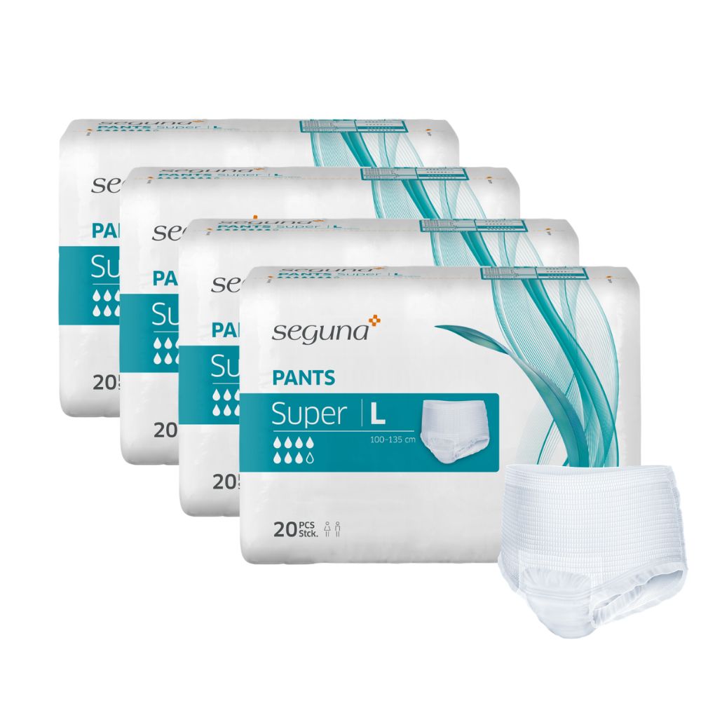 SEGUNA Pants Super L. Vier Packungen und eine einzelne Hose. Größe L, Saugstärke Super. 20 Stück pro Packung.