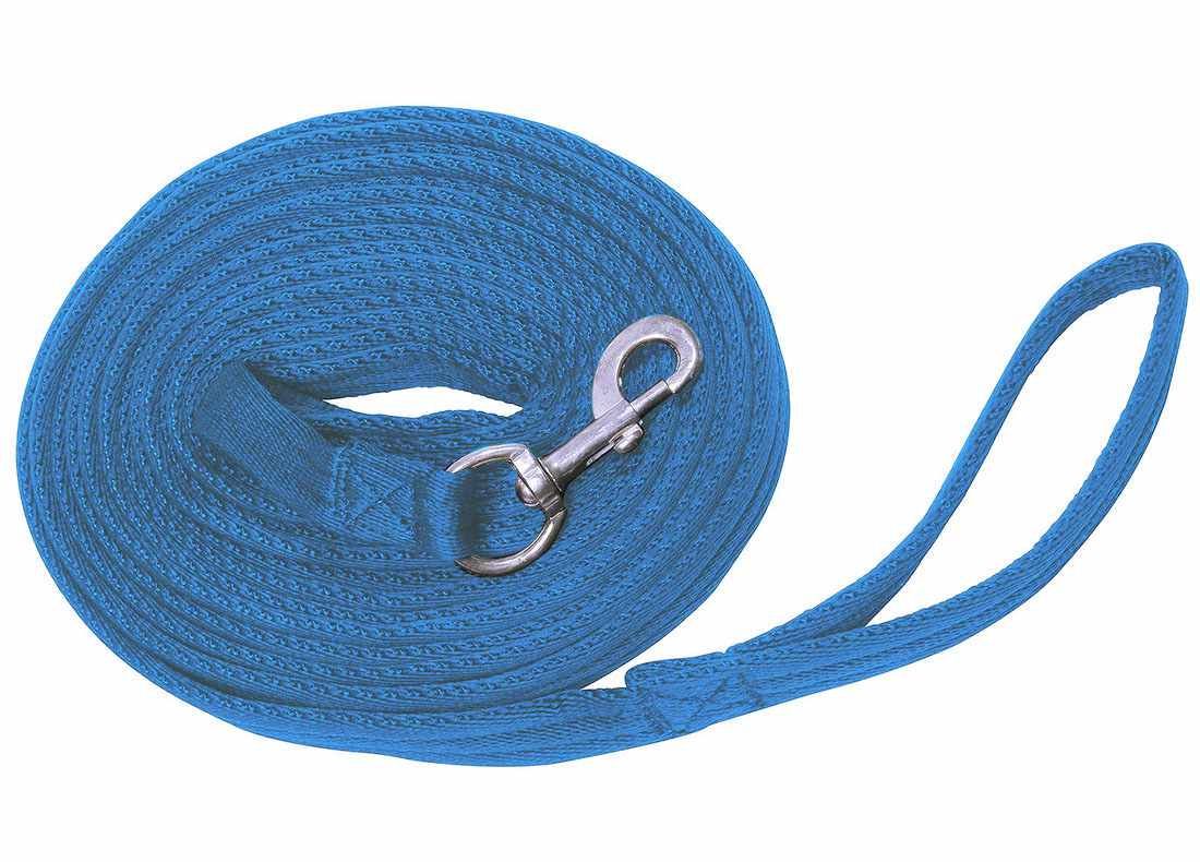 Blaue Longierleine, aufgerollt. Mit Karabinerhaken und Handschlaufe.