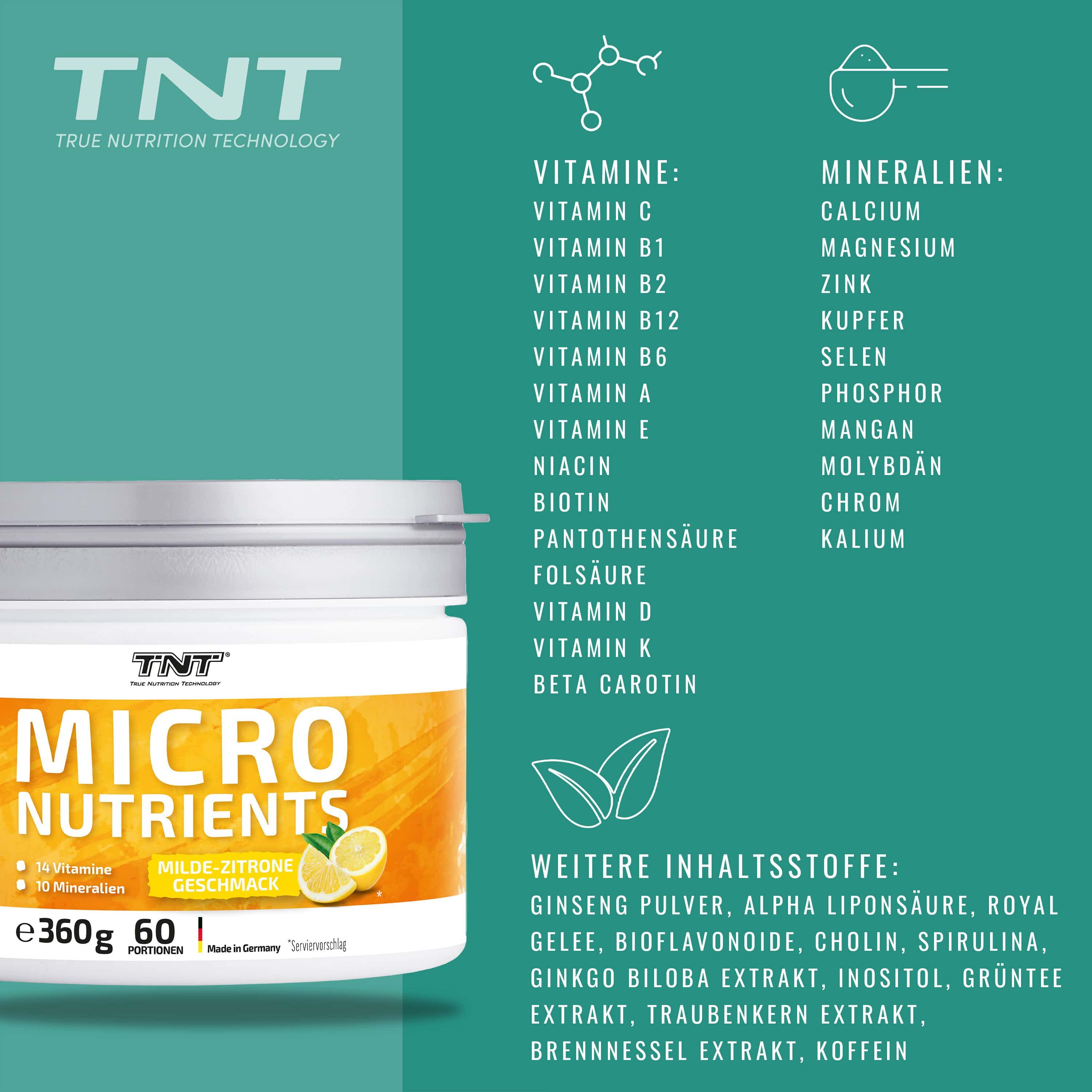 Behälter mit MICRO NUTRIENTS. Auflistung von Vitaminen, Mineralien und weiteren Inhaltsstoffen wie Ginseng, Spirulina, etc.