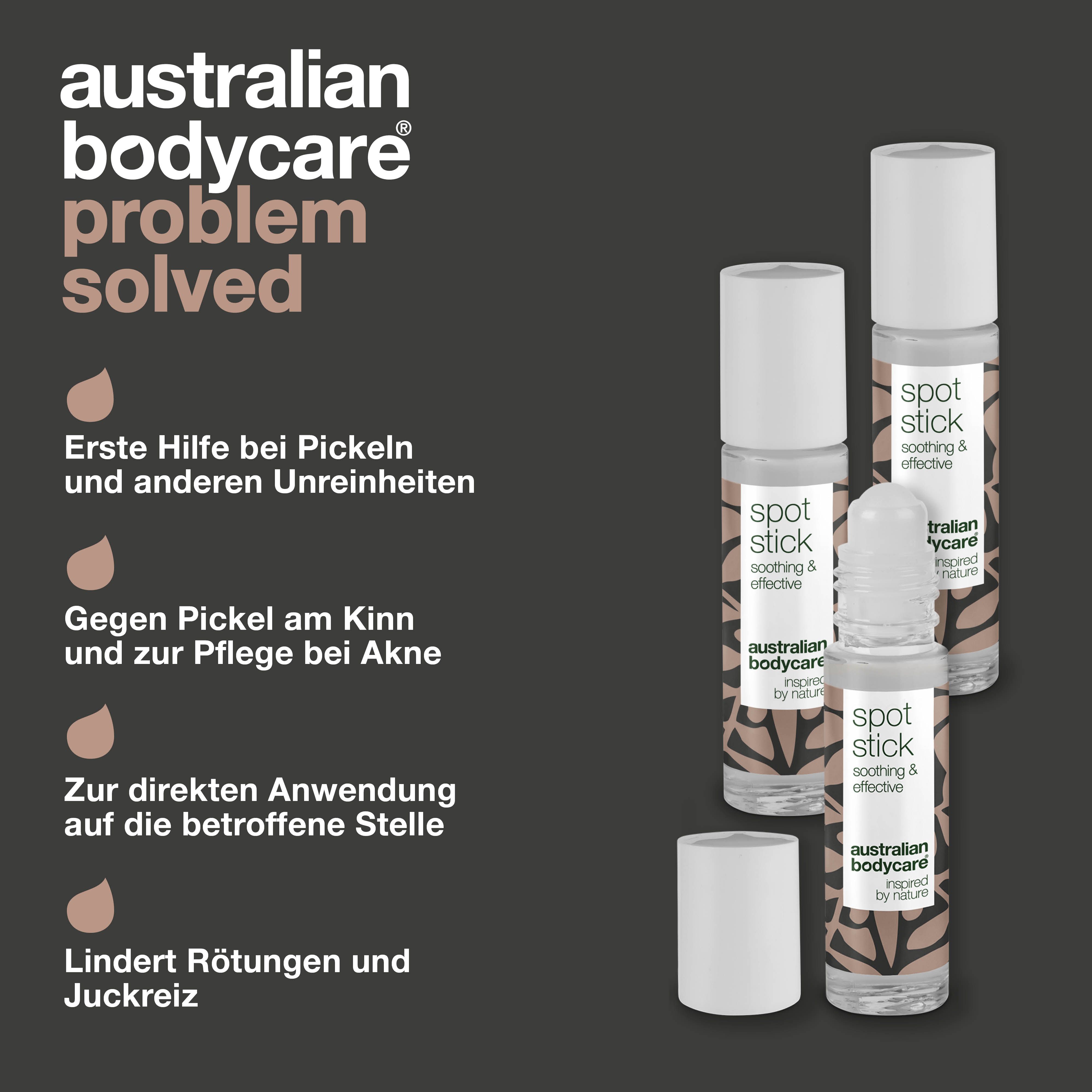Problem-Lösung-Darstellung. Sichtbar: Spot Stick, beruhigend & effektiv, Australian Bodycare.