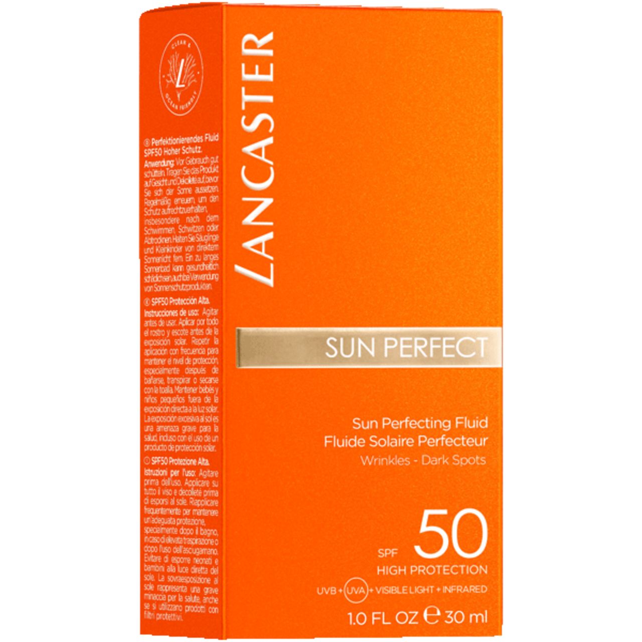 Orangefarbene Schachtel mit Produktinformationen. Aufschrift: Lancaster Sun Perfect 50 SPF. Text: Fluide Solaire Perfecteur, Wrinkles - Dark Spots.