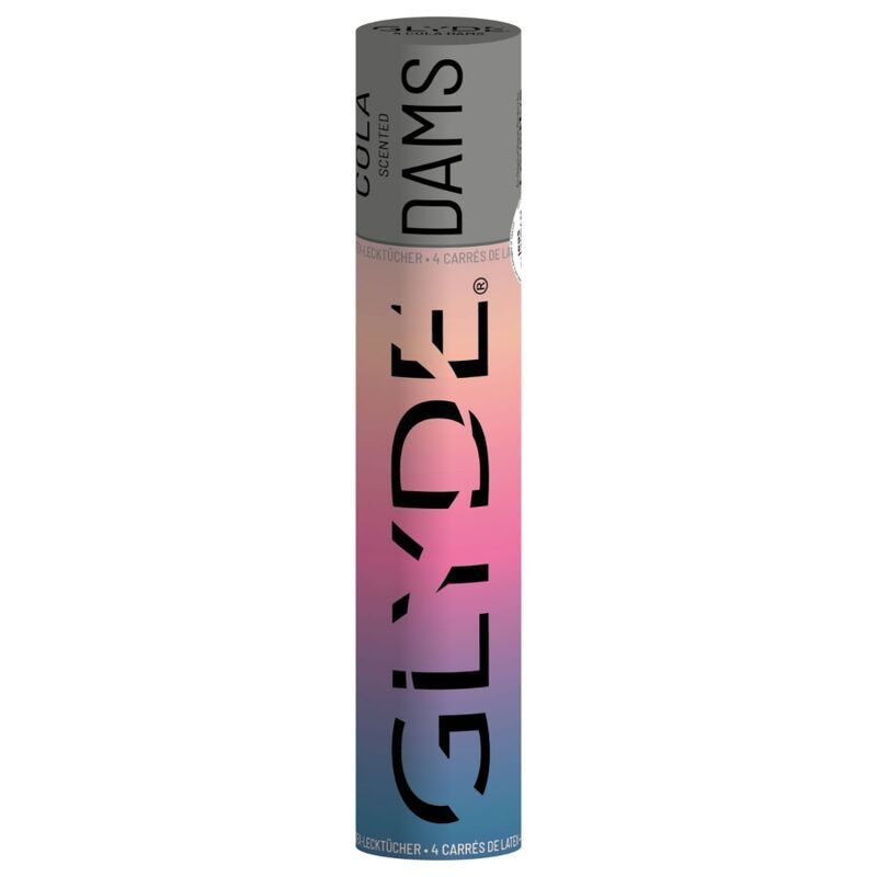 Zylindrische Verpackung mit Produktname und Logo. Farbverlauf von Rosa nach Blau. Text: Glyde Dams, Cola Scented. Enthält 4 Tücher.