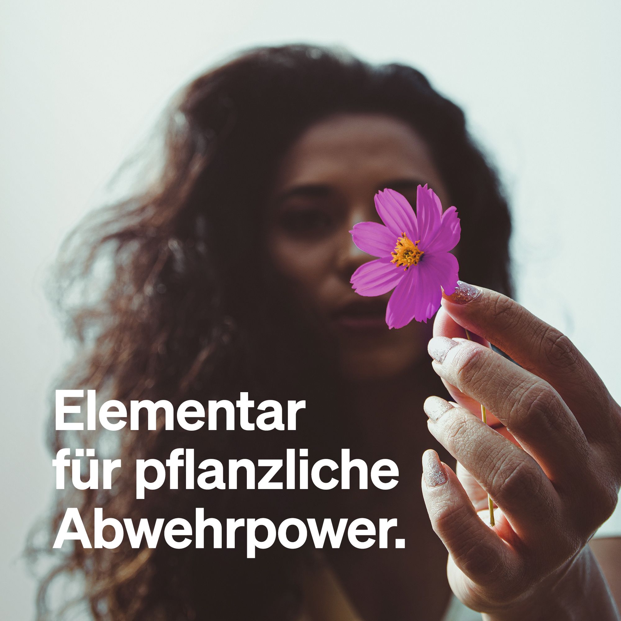 Frau hält eine rosa Blume vor ihrem Gesicht. Text: Elementar für pflanzliche Abwehrpower.