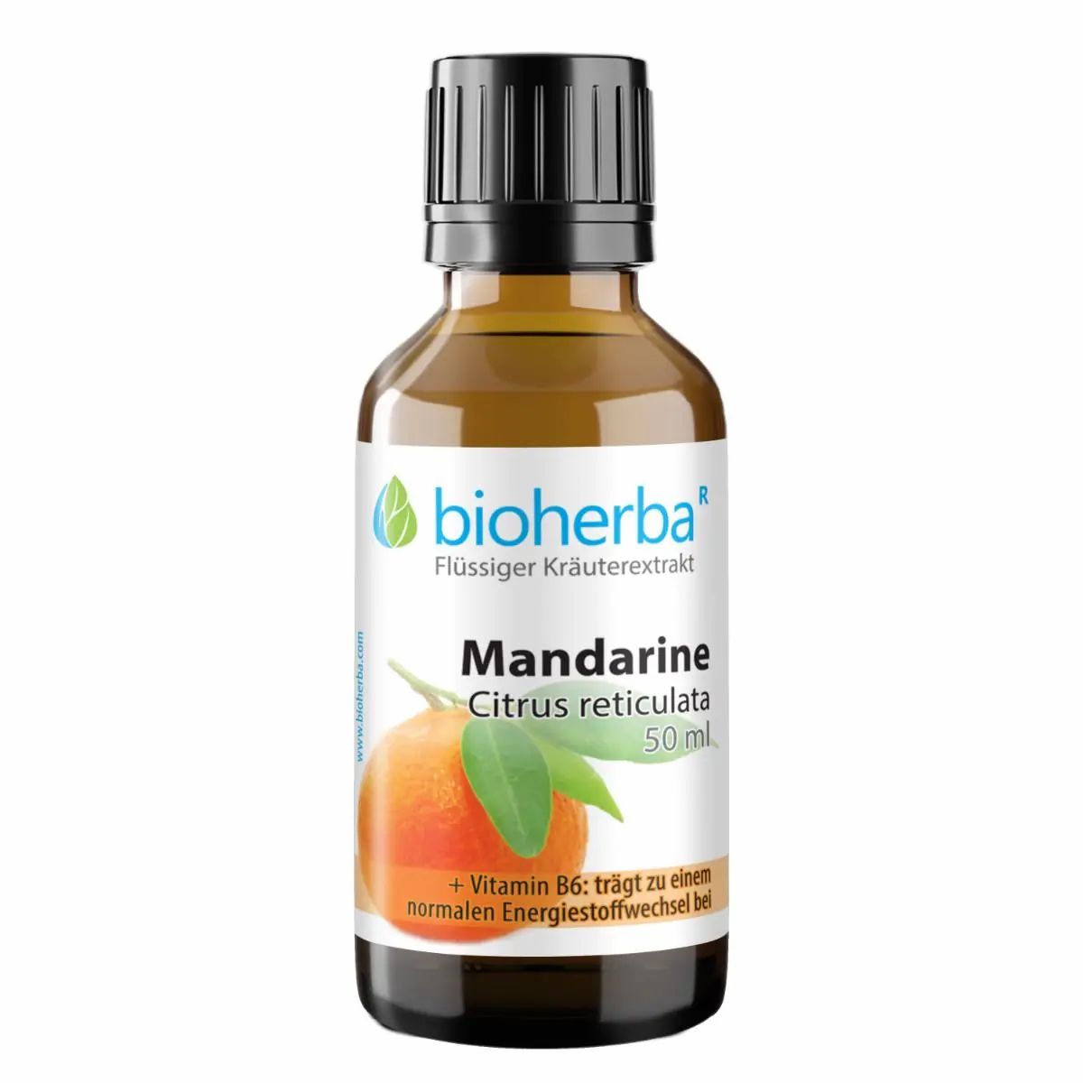 Braune Glasflasche mit schwarzem Deckel. Etikett mit Produktname, Mandarine-Illustration und "bioherba"-Logo. 50 ml.
