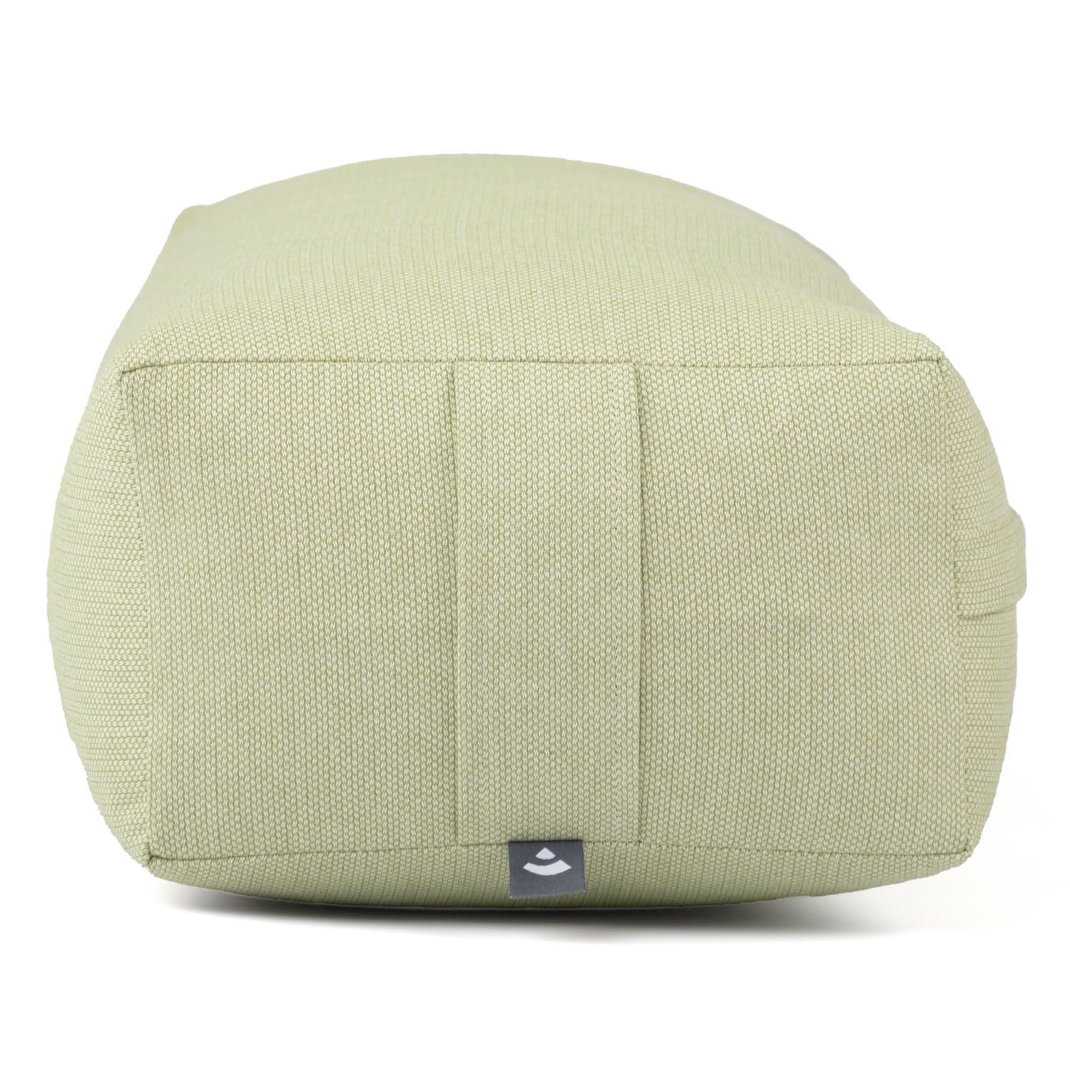 Hellgrünes Yoga-Bolster. Dobby-Gewebe. Rechteckige Form. Nahtdetails. Logo-Label.