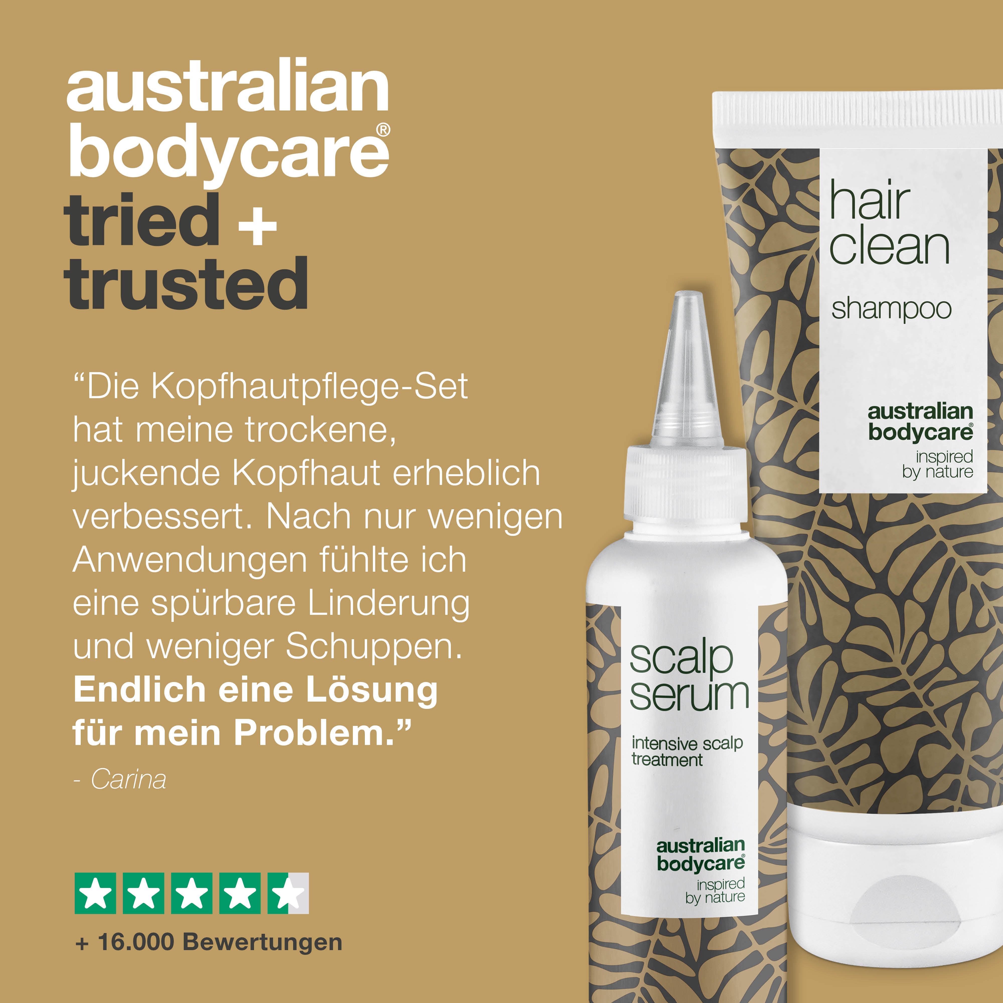 Australian Bodycare: Getestet und bewährt. Zitat: Carina. Produkte: Shampoo und Kopfhautserum.