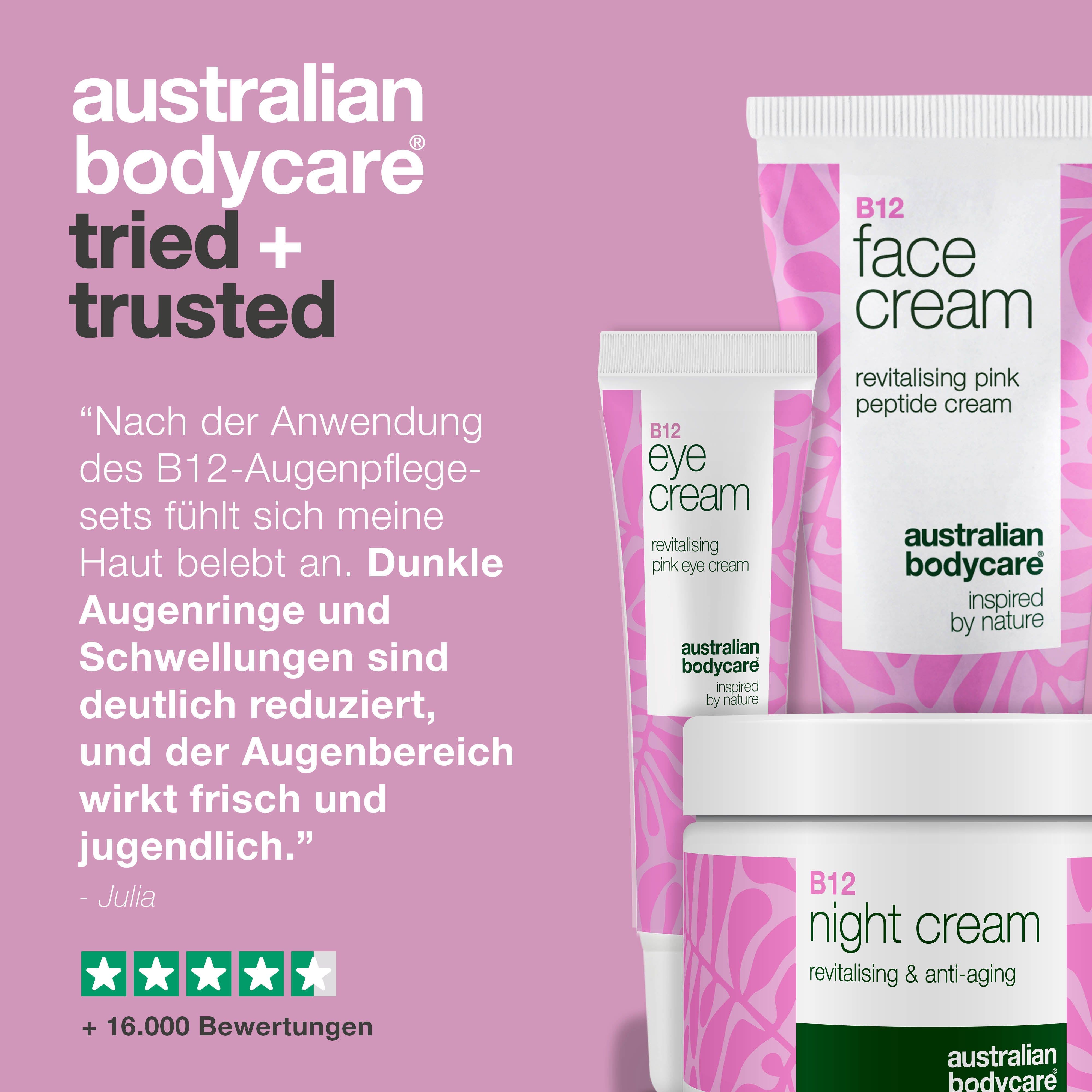 Eye Cream-Tube, pinke Creme. Text: Warum Australian Bodycare? 100% recycelbare Verpackung.