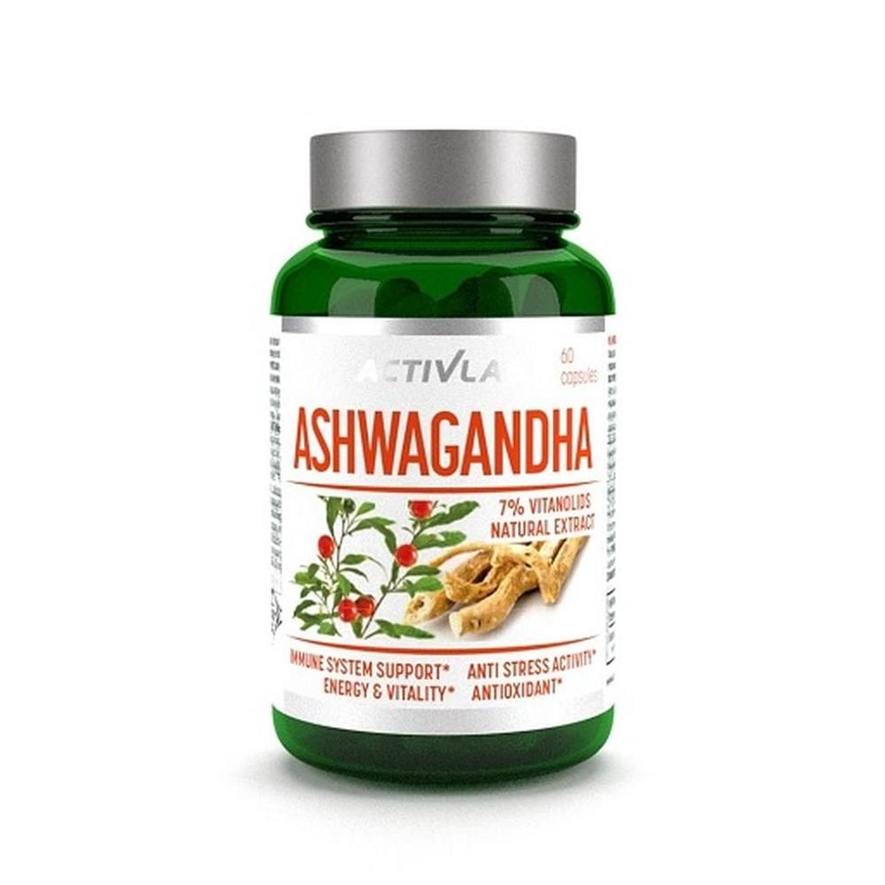 Grüne Flasche mit silbernem Deckel. Aufschrift: Ashwagandha. Enthält 60 Kapseln. Mit Pflanzenabbildung und Text: Immune System Support.