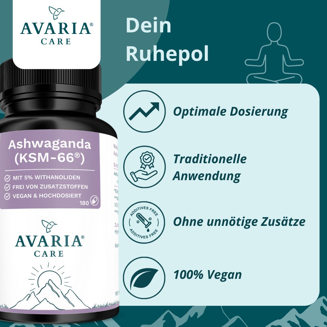 AVARIA CARE® Ashwagandha KSM-66® – hochdosiert – 5% Withanolide – vegan
