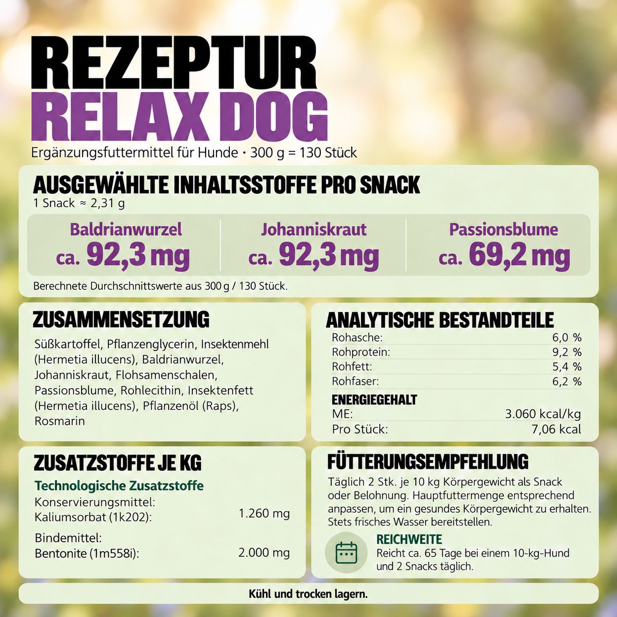 Rezeptur Relax Dog: Ergänzungsfuttermittel für Hunde. Enthält Baldrian, Johanniskraut und Passionsblume.