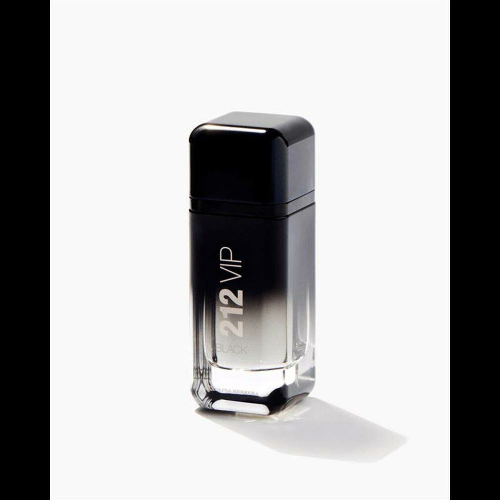 Schwarzer Flakon mit silberner Aufschrift 212 VIP. Rechteckige Form mit schwarzem Deckel. Schattenwurf.