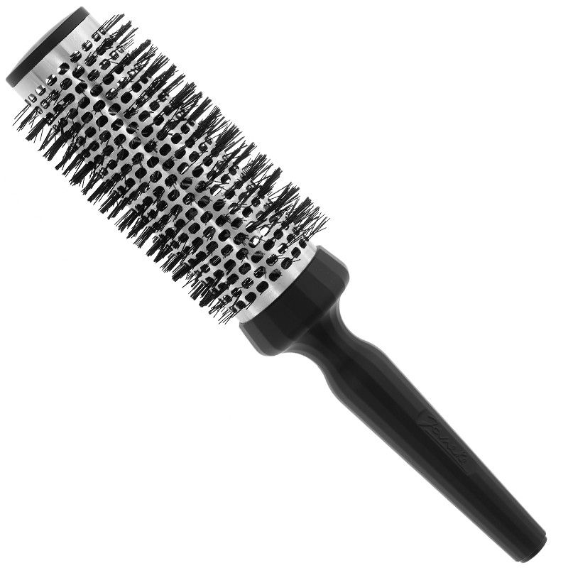 Runde, schwarze Haarbürste mit silberfarbenem Bürstenkopf. Borsten schwarz, Griff geriffelt.