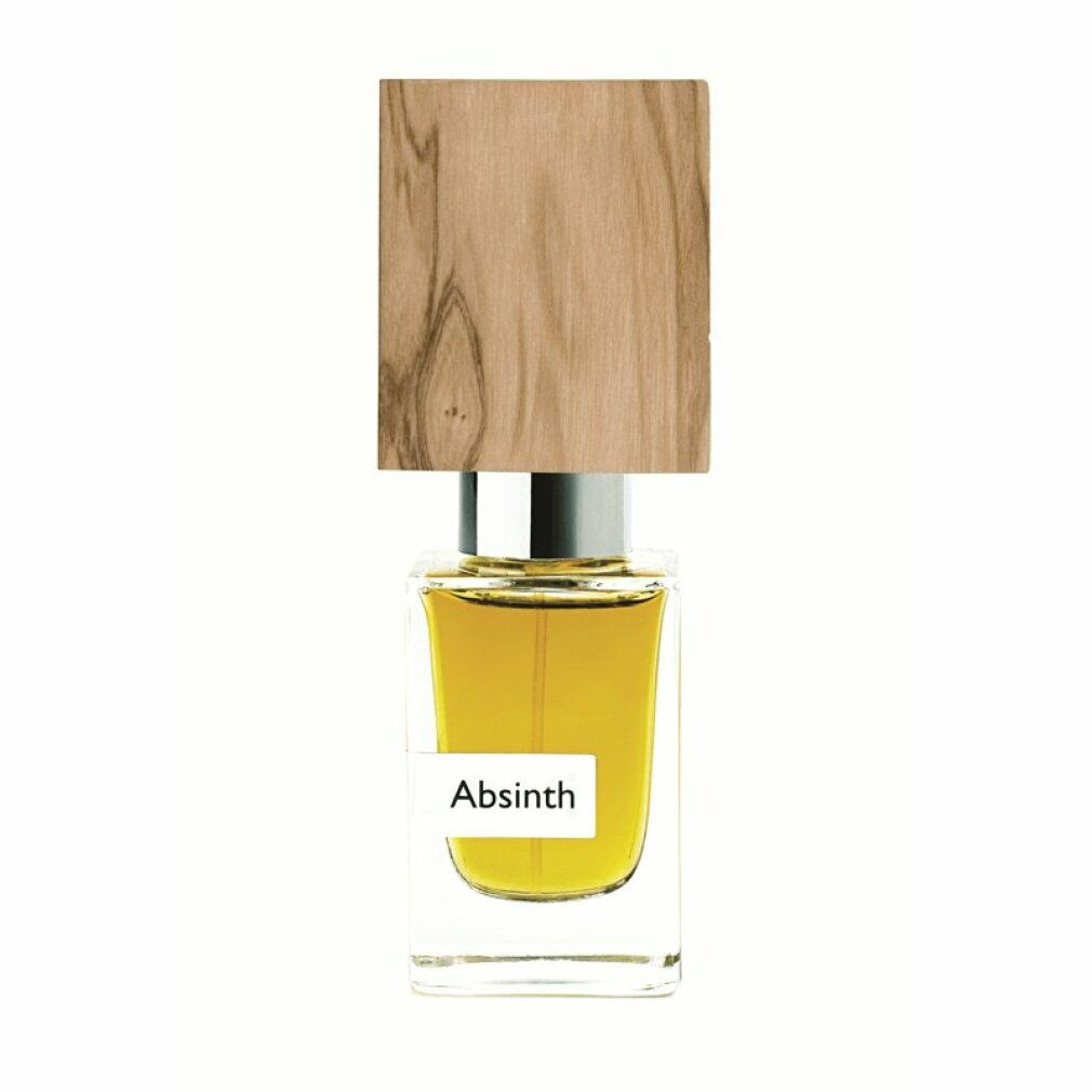 Absinth-Parfümflakon mit Holzdeckel. Auf dem Etikett steht Absinth.