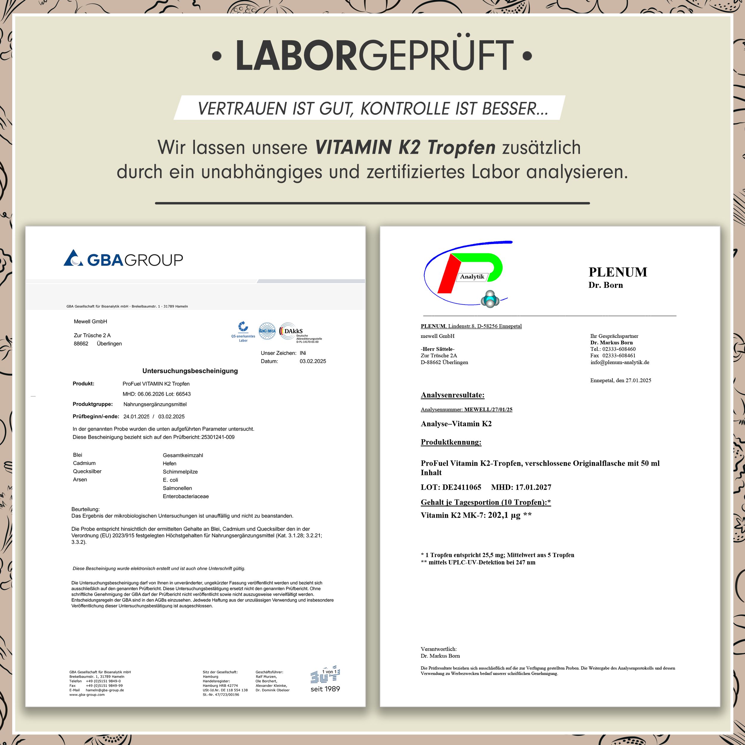 Zwei Laborzertifikate. Analyse von Vitamin K2 Tropfen. Ergebnisse und Details der Untersuchung.