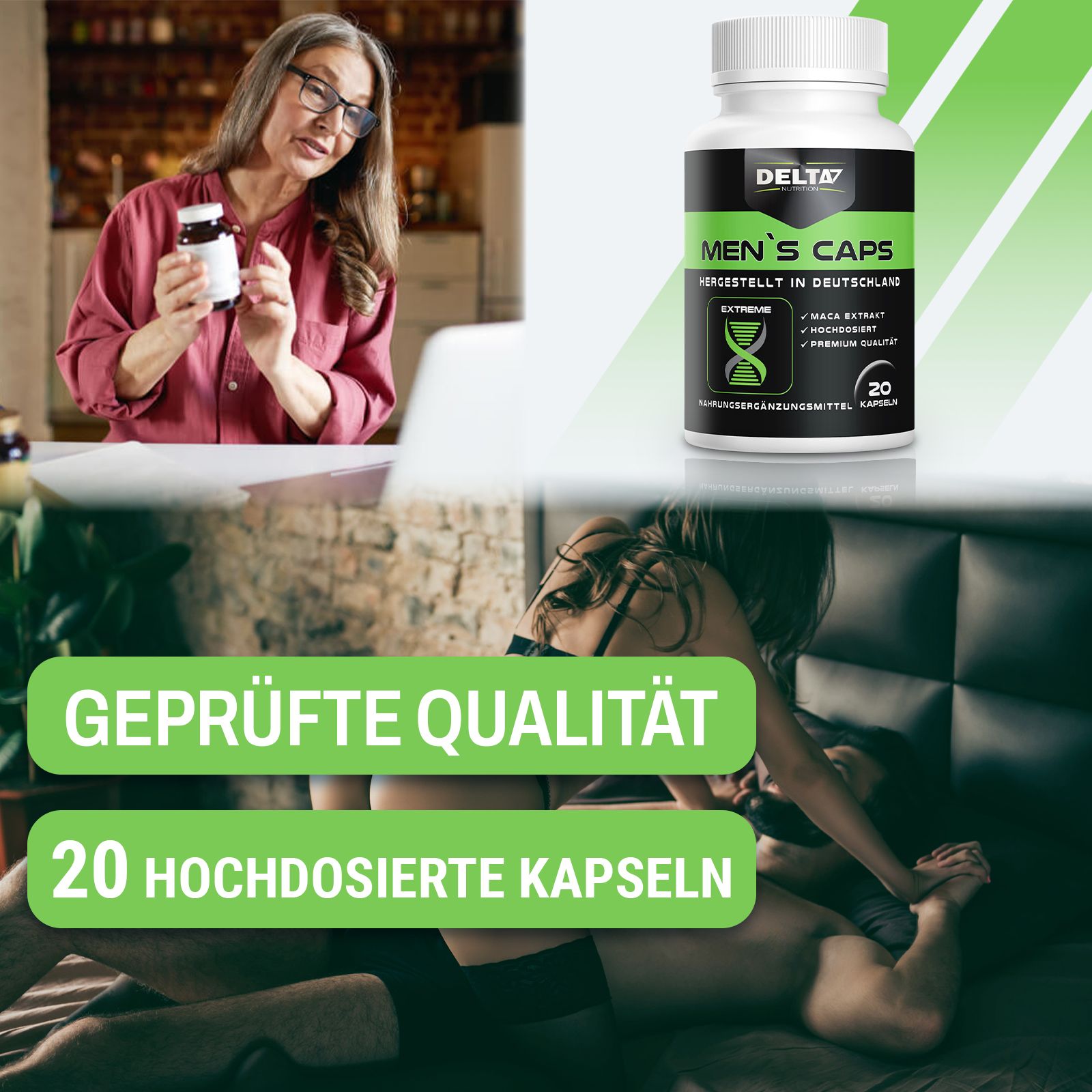 Men's Caps in weißer Flasche. Aufschrift: Delta7, Men's Caps, 20 Kapseln. Text: Geprüfte Qualität, 20 hochdosierte Kapseln. Frau mit Laptop.