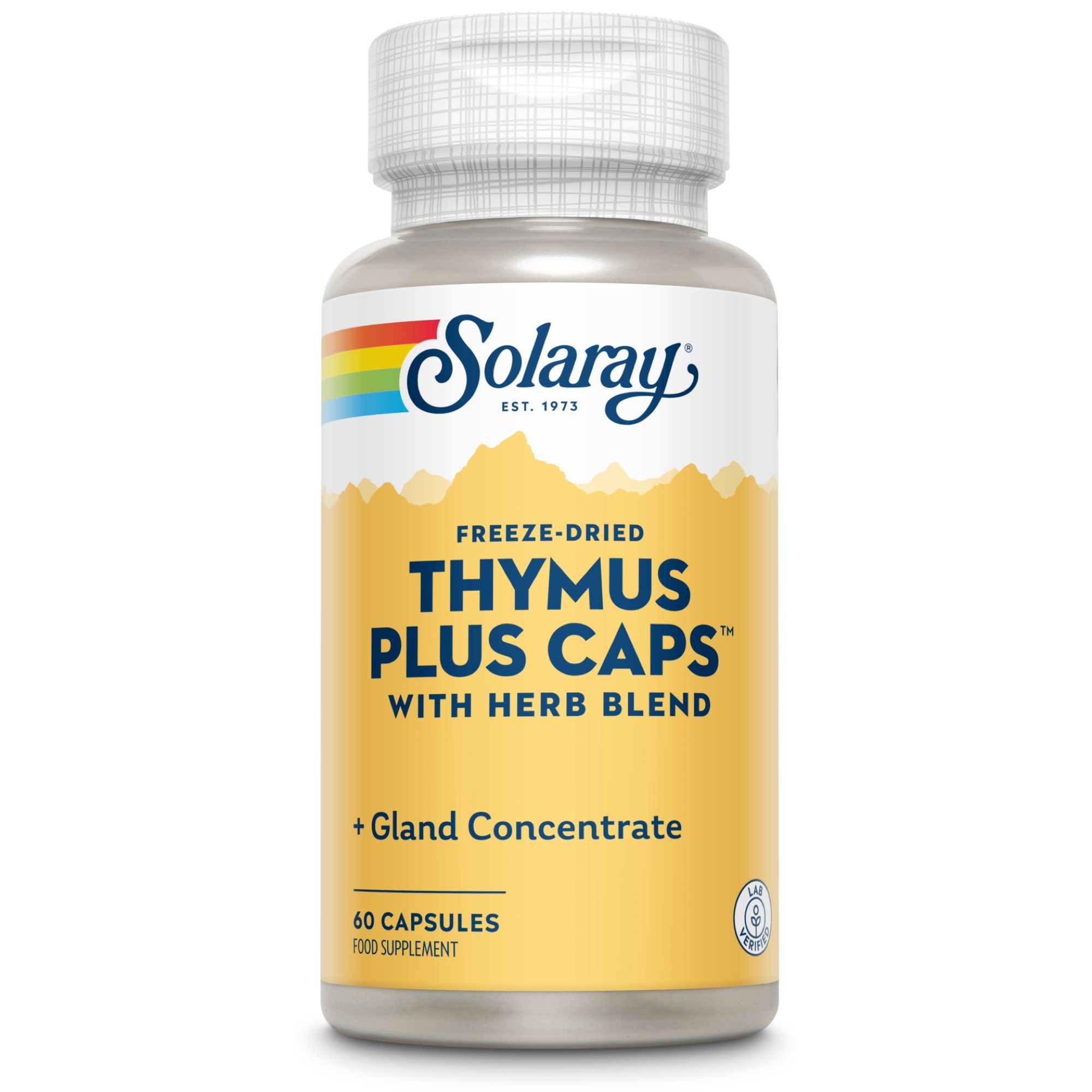 Solaray Thymus Plus Caps Flasche. Weißer Deckel, gelbes Etikett. Text: Thymus Plus Caps, mit Kräutermischung. 60 Kapseln.