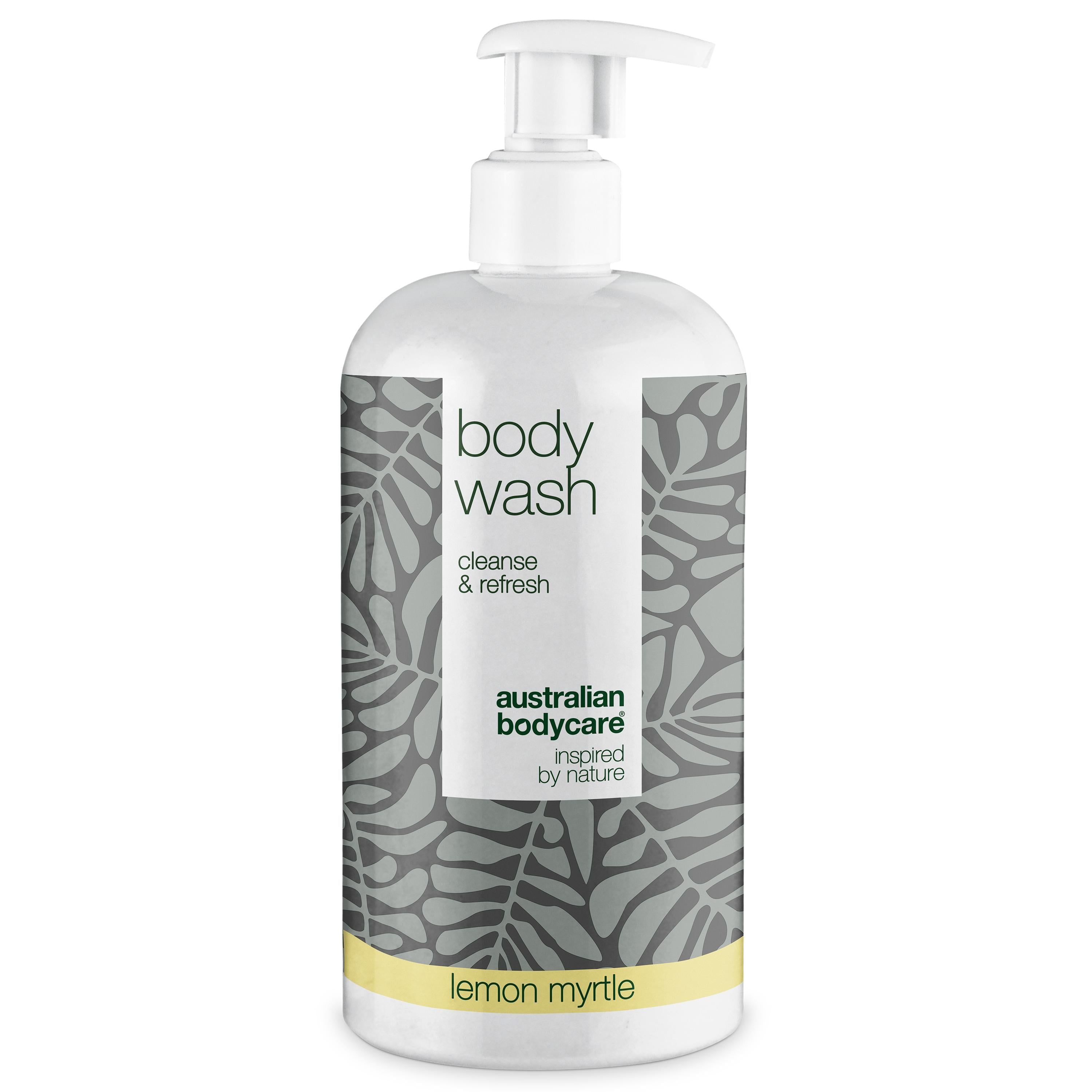 Weißer Spender mit „body wash“ und „australian bodycare“ Aufdruck. Gelbe Schrift: „lemon myrtle“.