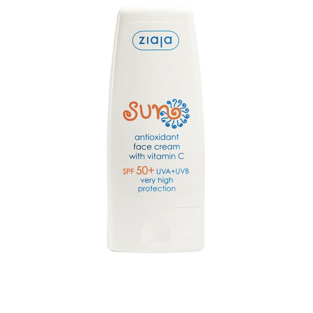 Weiße Tube mit Aufschrift "ziaja Sun". Text: Antioxidant Face Cream, SPF 50+. Blaue und orangefarbene Elemente. Sehr hoher Schutz.