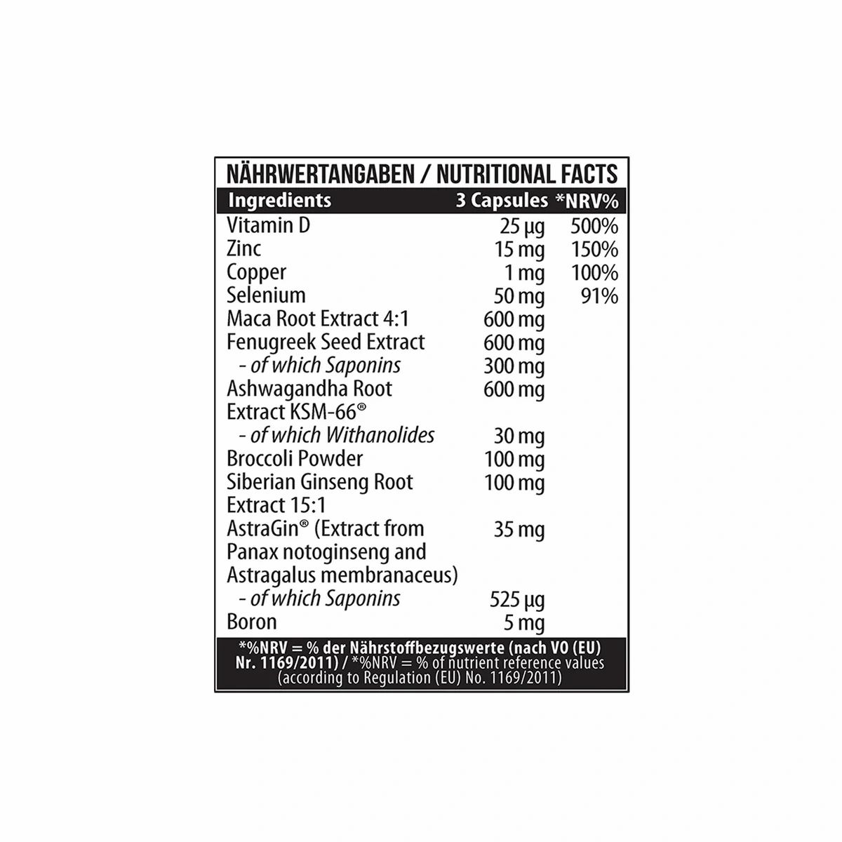 Nahaufnahme der Nährwertangaben auf einer Kapsel-Dose. Enthält Informationen zu Vitaminen und Mineralstoffen. 3 Kapseln.