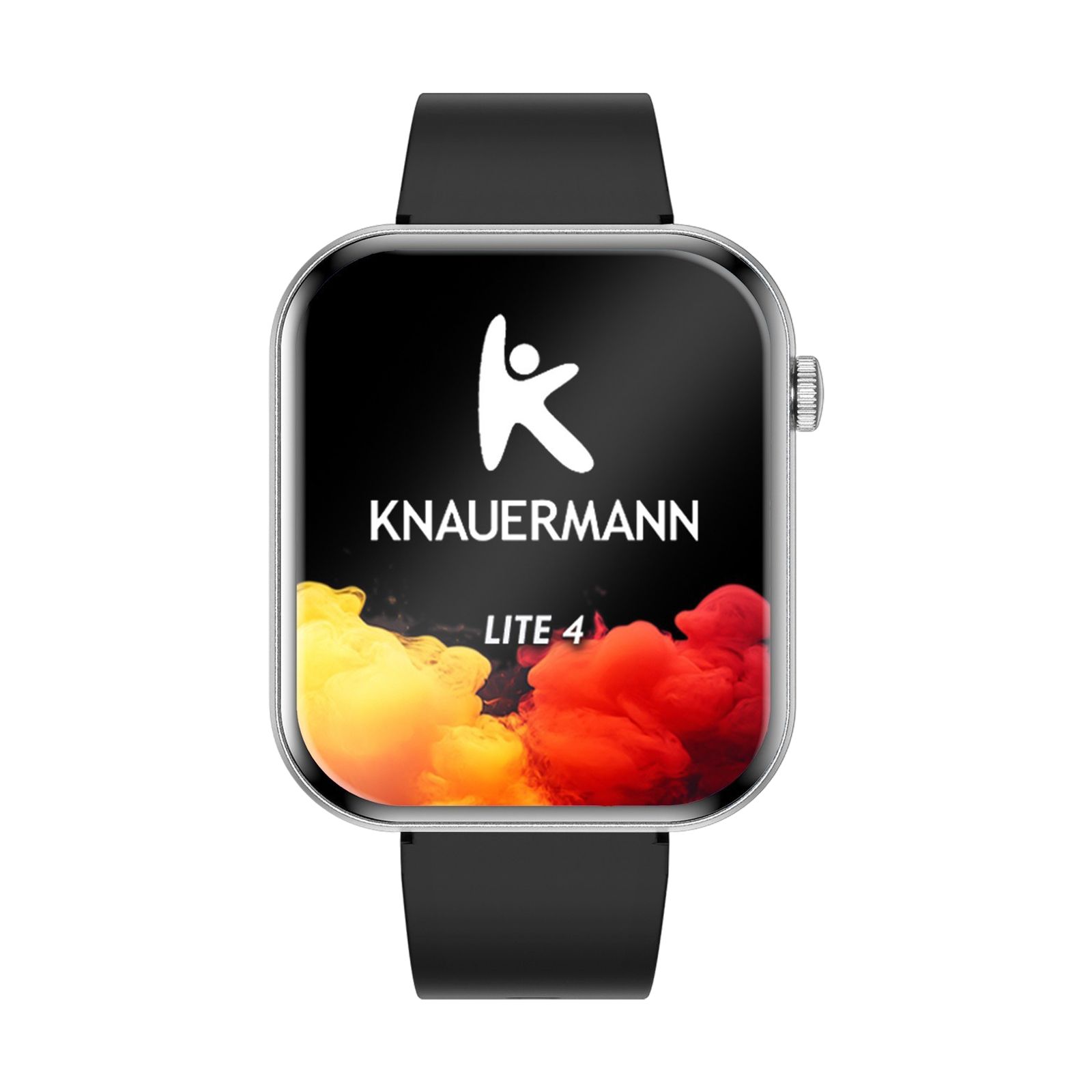Knauermann Lite 4 Smartwatch mit schwarzem Armband und silbernem Gehäuse. Das Display zeigt das Knauermann-Logo.