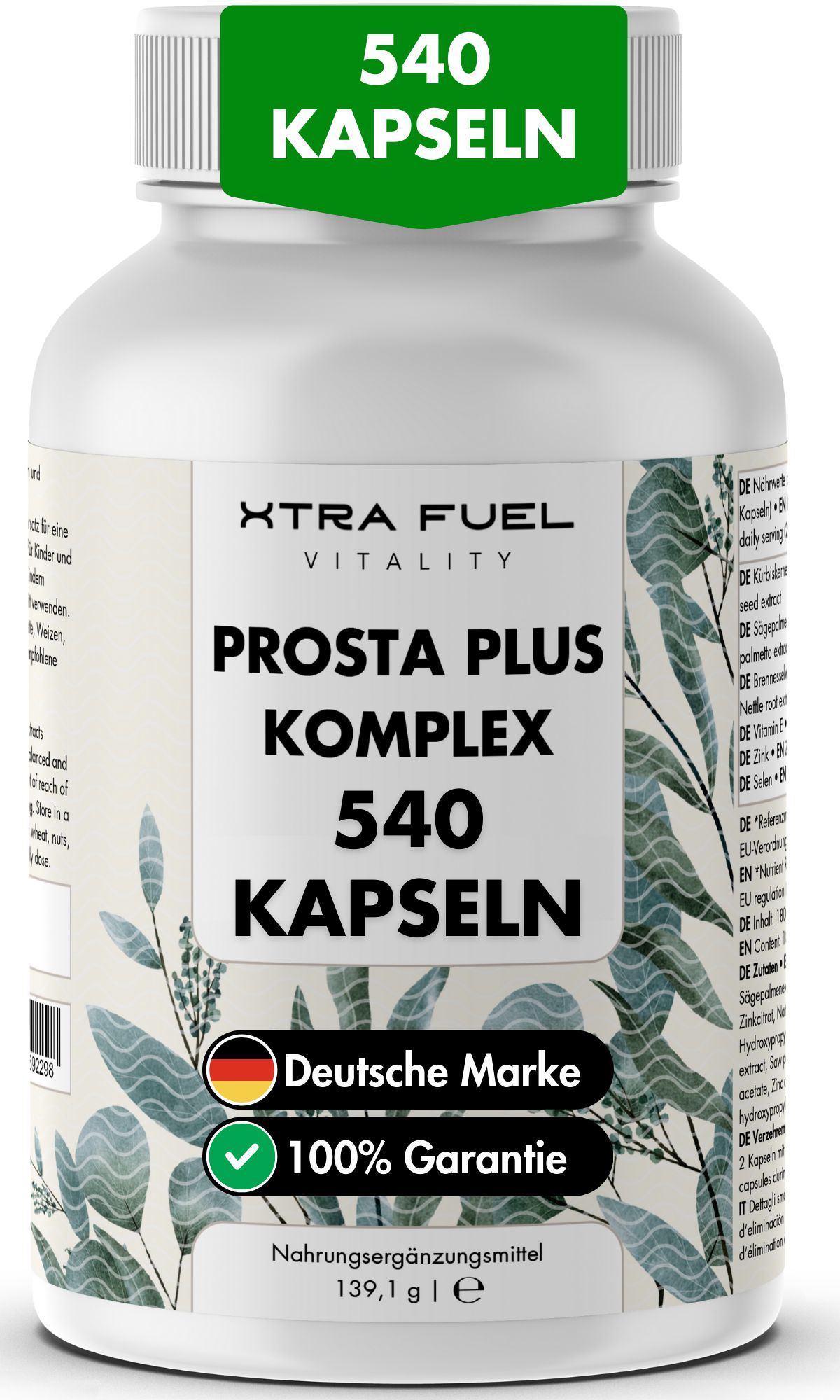 Eine Flasche XTRA FUEL Prostata Komplex Kapseln. Aufschrift: 540 Kapseln. Deutsche Marke. 100% Garantie.