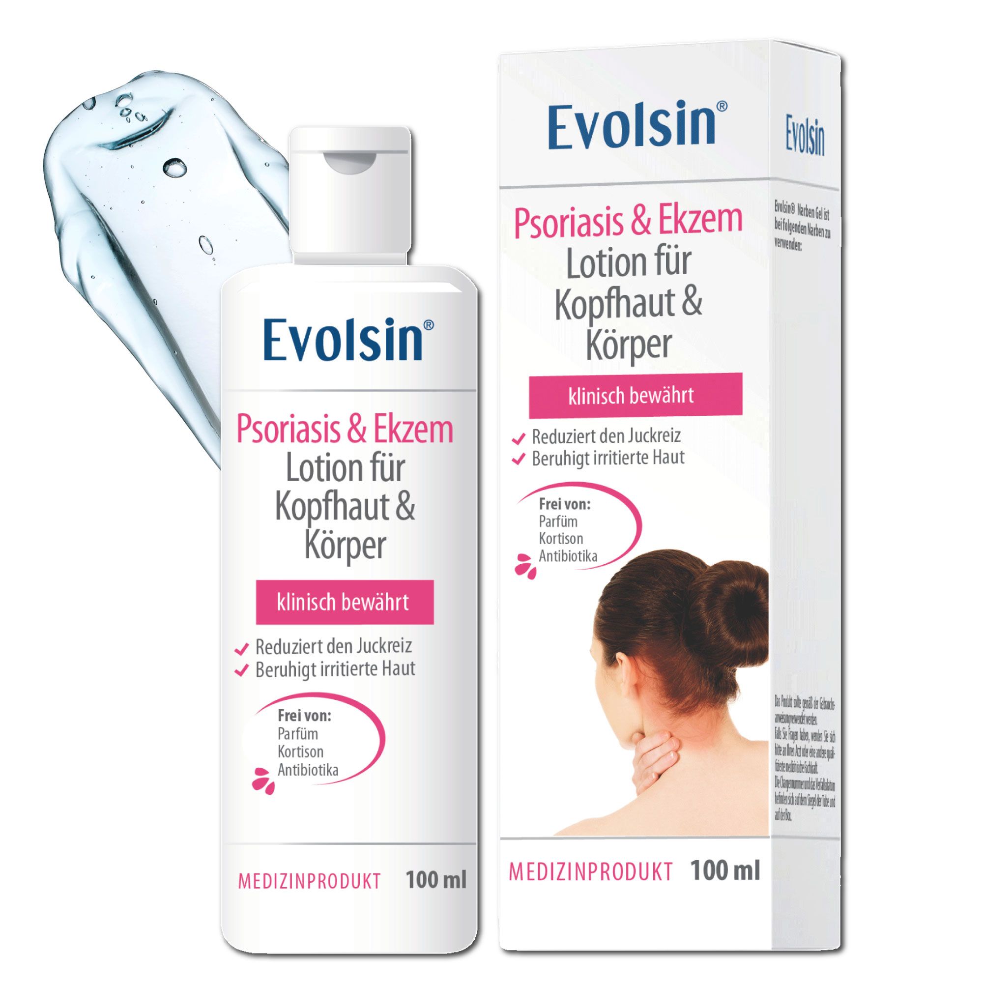 Weiße Flasche mit Lotion, Produktname und Text. Aufdruck: Psoriasis & Ekzem Lotion für Kopfhaut & Körper. Klinisch bewährt.