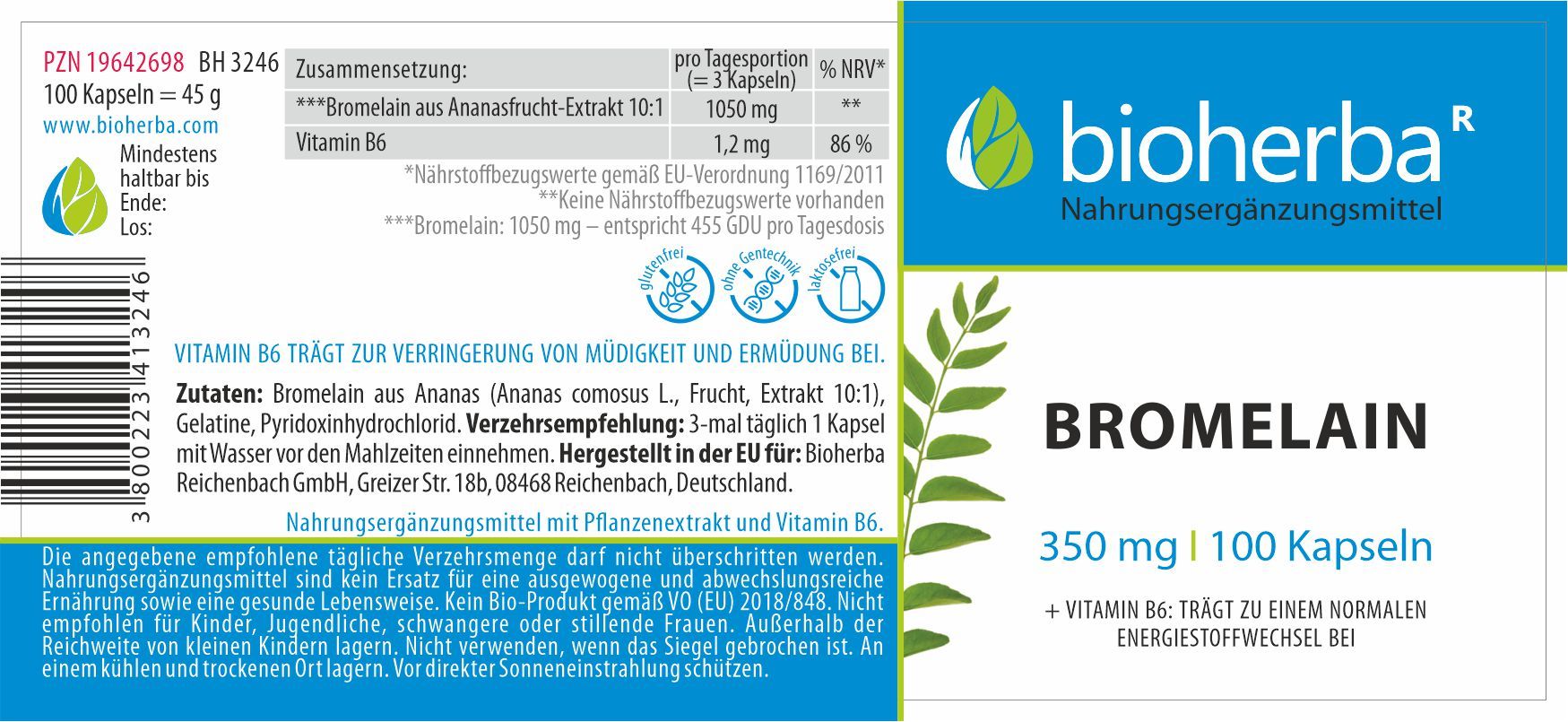 Etikett mit Informationen zu Bioherba Bromelain Kapseln. Enthält Angaben zu Inhaltsstoffen, Dosierung und Hersteller.