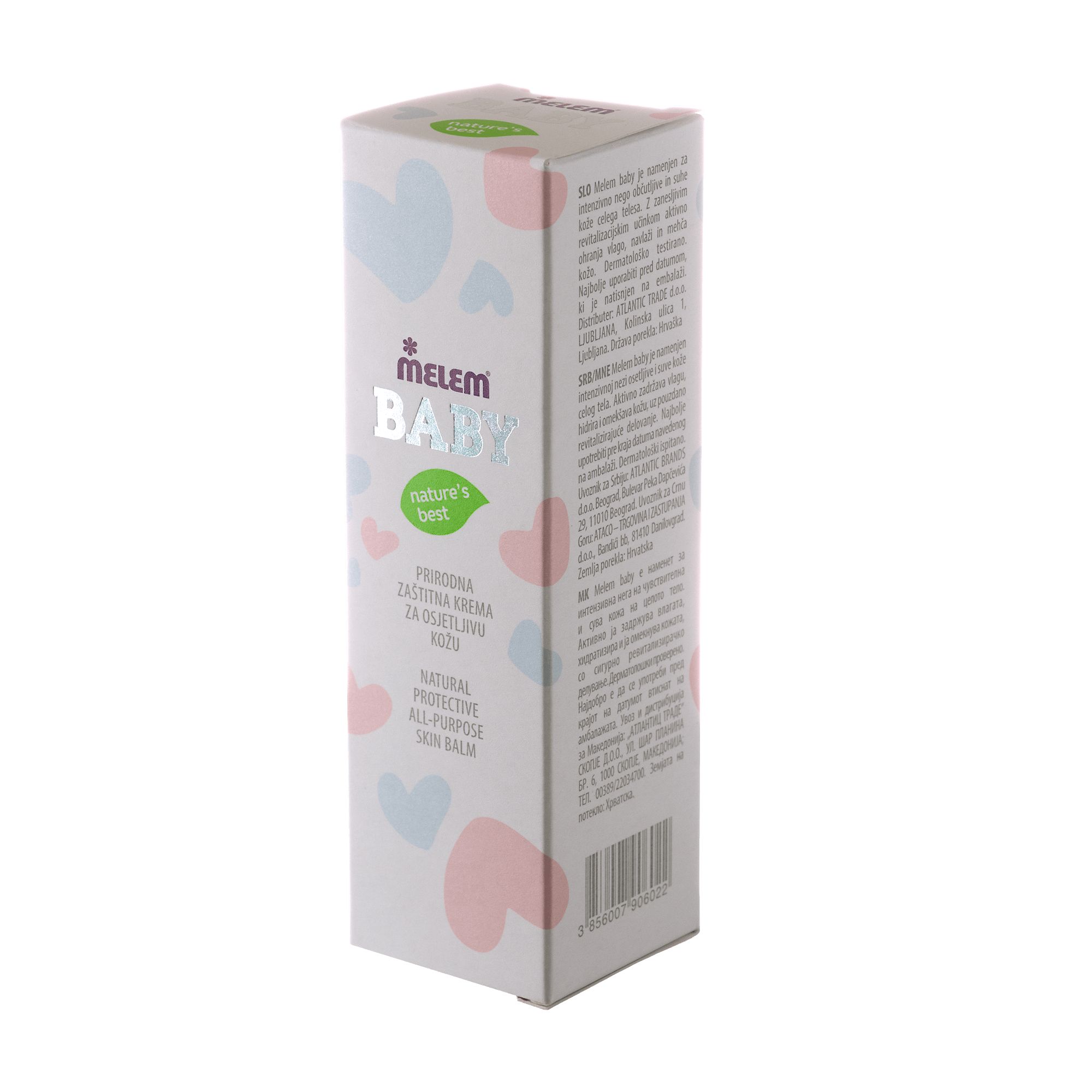 Kartonverpackung mit Produktnamen und Logo. Text in mehreren Sprachen. Rosa und blaue Herzen auf weißem Hintergrund.