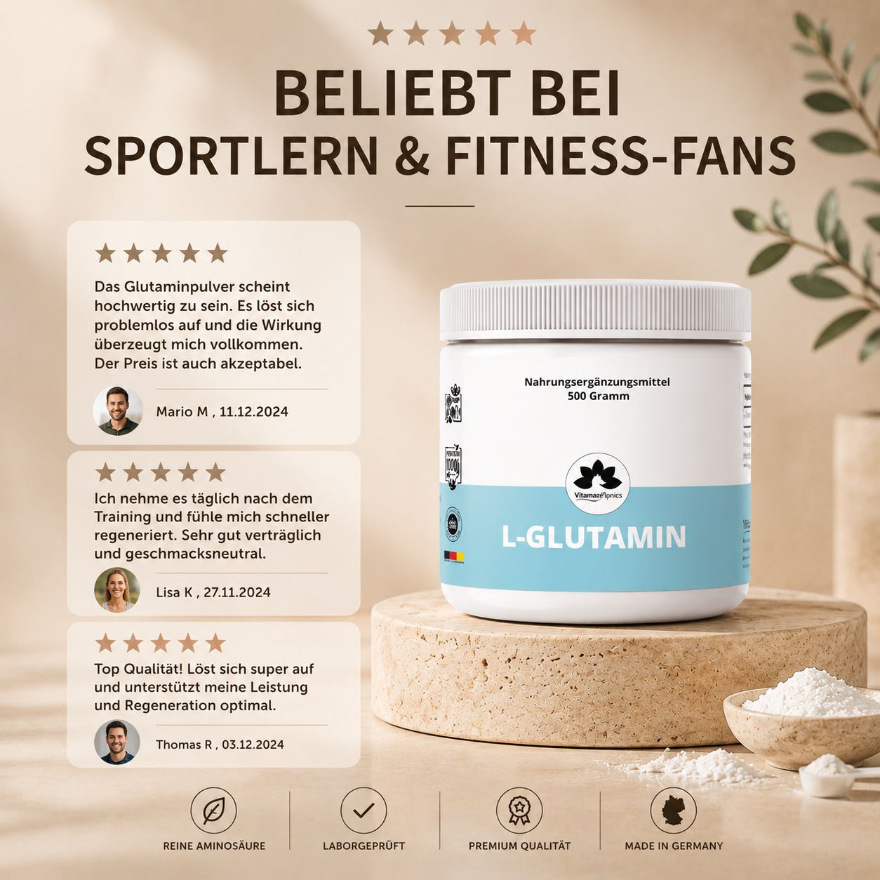 Dose L-Glutamin Pulver 500g, Shaker, Glas Wasser. Text: Einfach in die Routine integrieren. Täglich verwendbar.