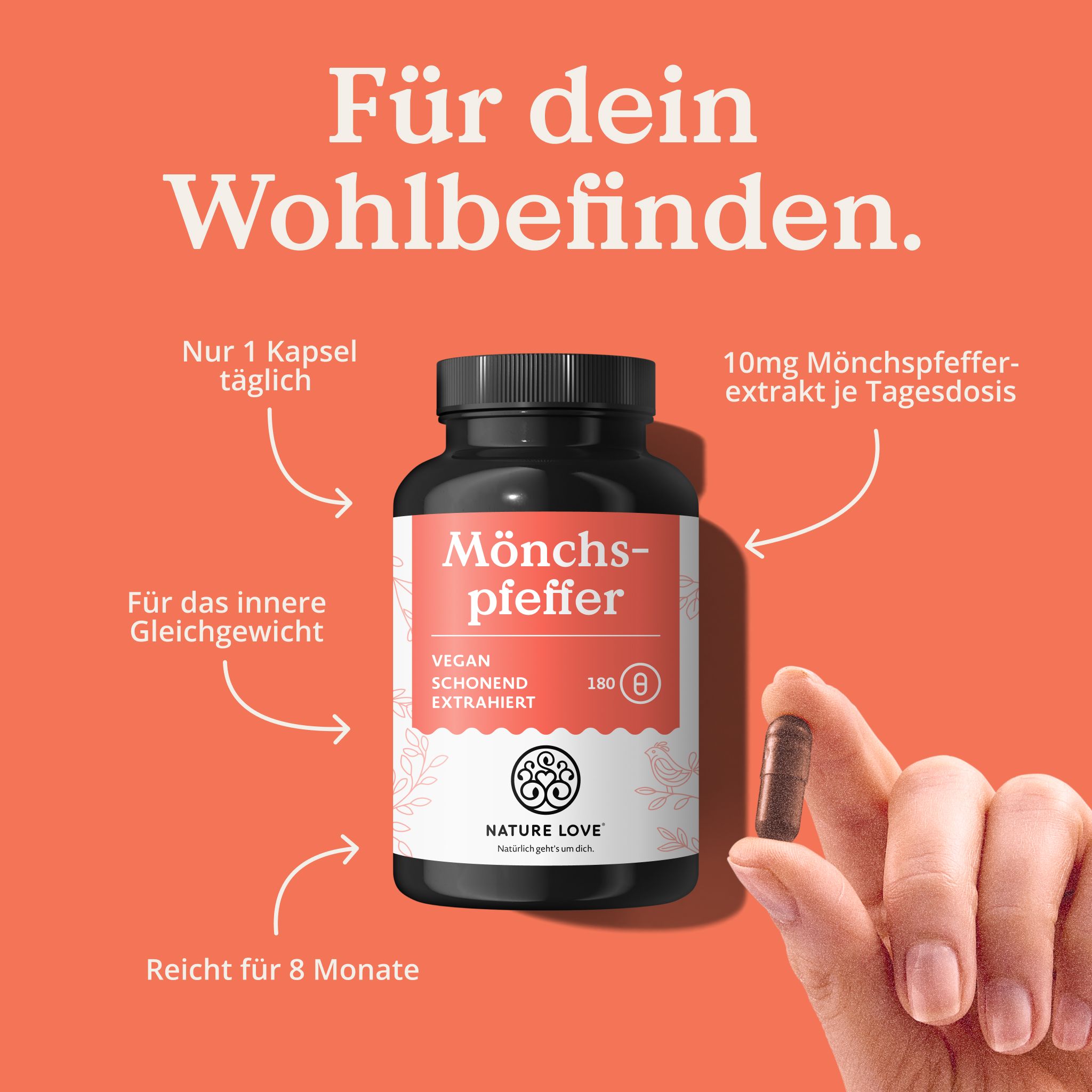 Flasche Mönchspfeffer, daneben eine Kapsel. Text: "Für dein Wohlbefinden.", "Nur 1 Kapsel täglich."