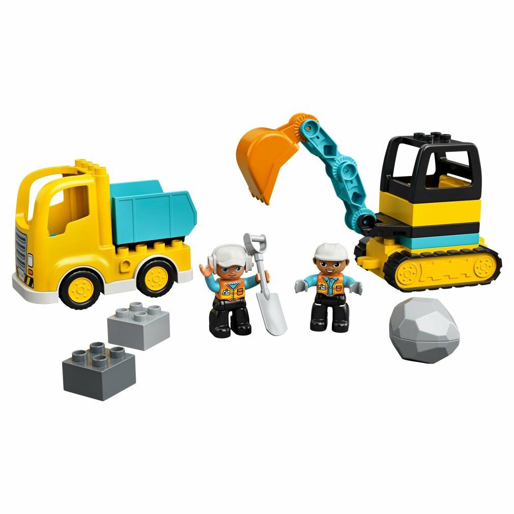 LEGO Duplo Bagger und Laster. Gelber Laster, Bagger mit orangefarbener Schaufel, Figuren, Steine und Fels. Ohne Verpackung.